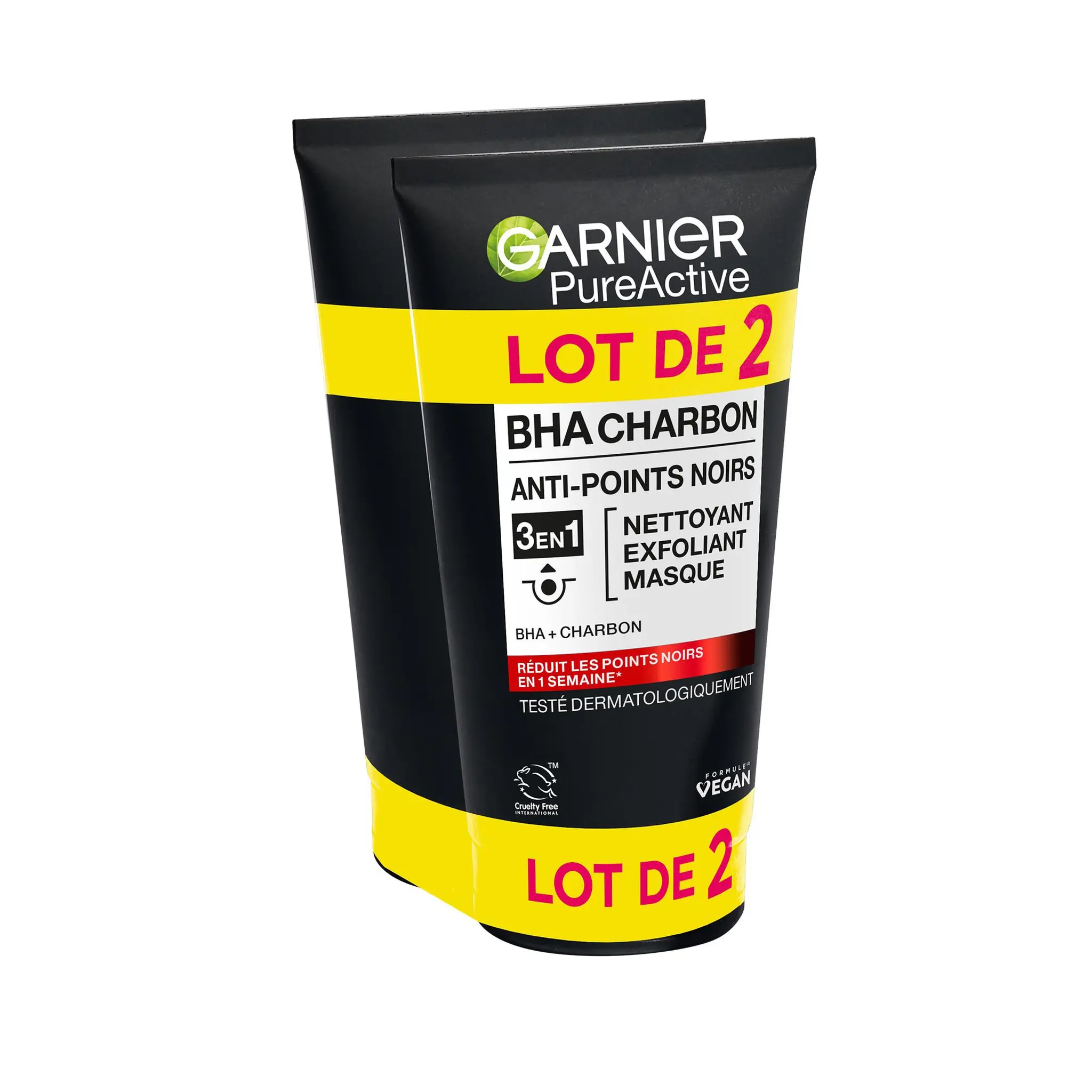 GARNIER Pure Active BHA Charbon anti-points noirs 3en1 nettoyant masque exfoliant