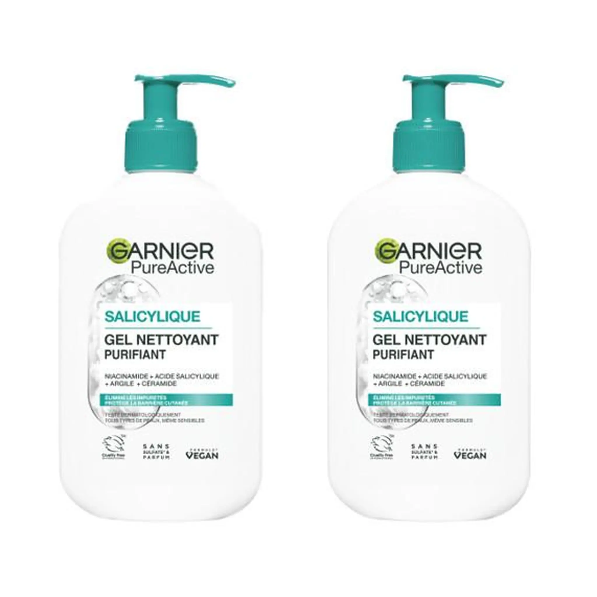 GARNIER Pure Active Salicylique gel nettoyant purifiant niacinamide, acide salicylique, argile, céramide tous types de peaux même sensibles