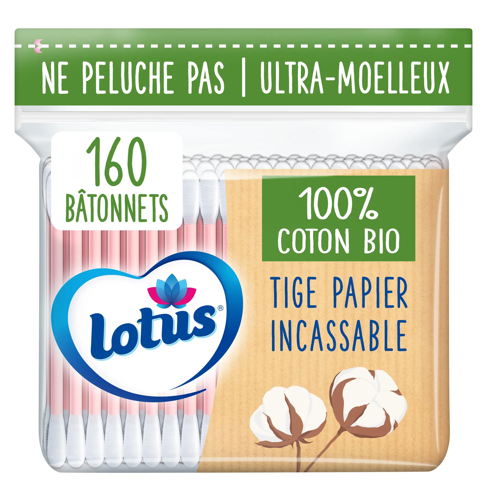 LOTUS Cotons-tiges en sachet 100% coton biologique
