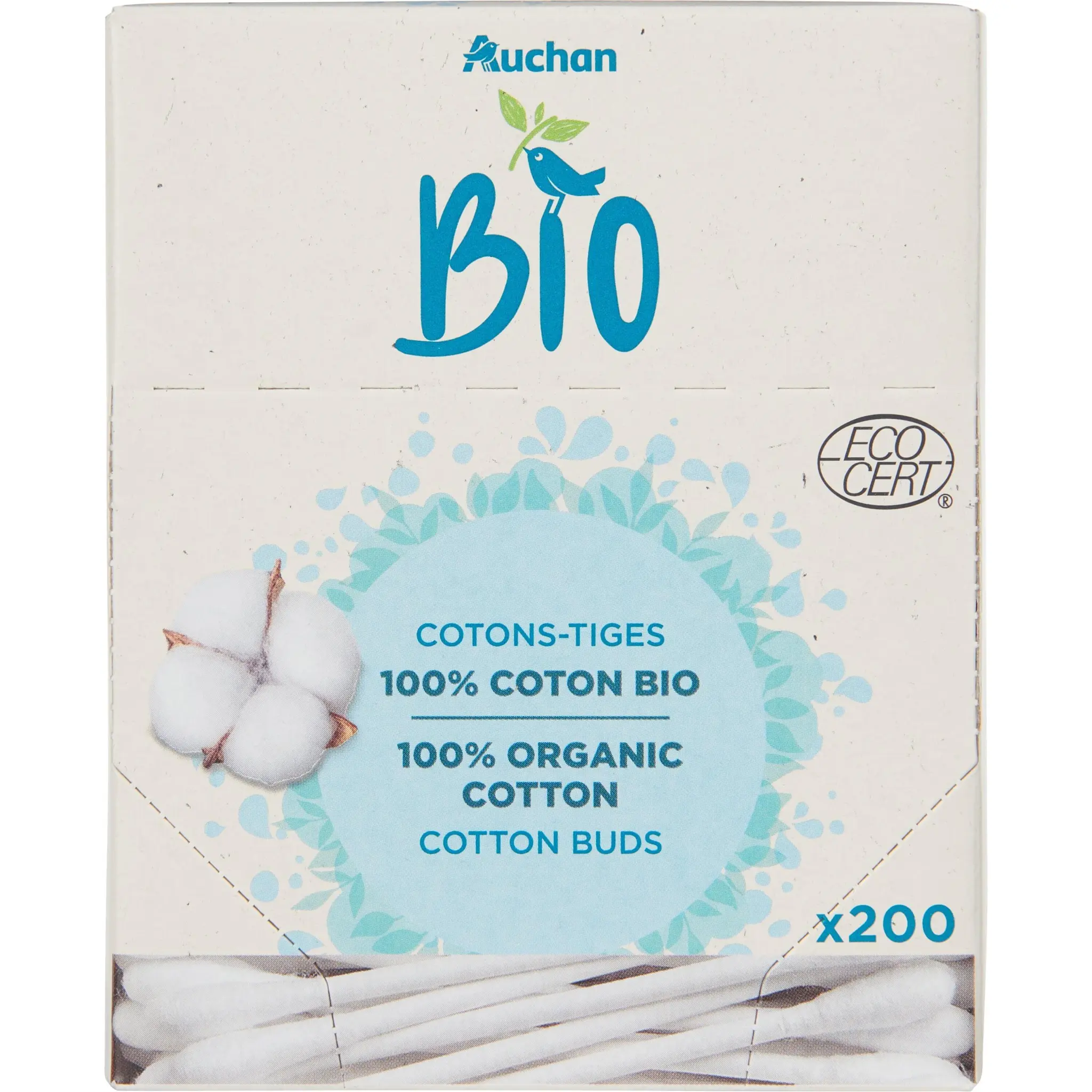 AUCHAN Cotons-tiges 100% coton bio boîte carton
