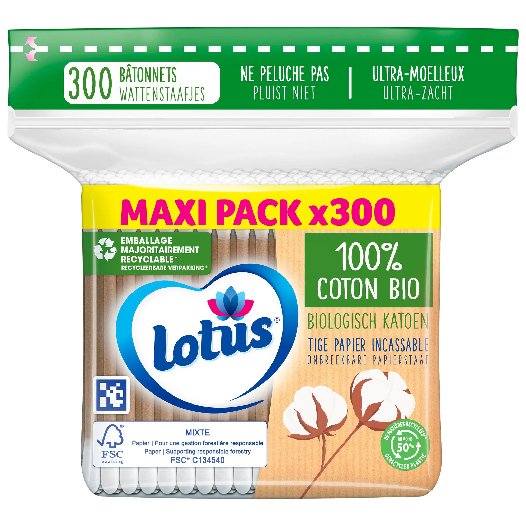 LOTUS Cotons-tiges 100% coton bio sachet