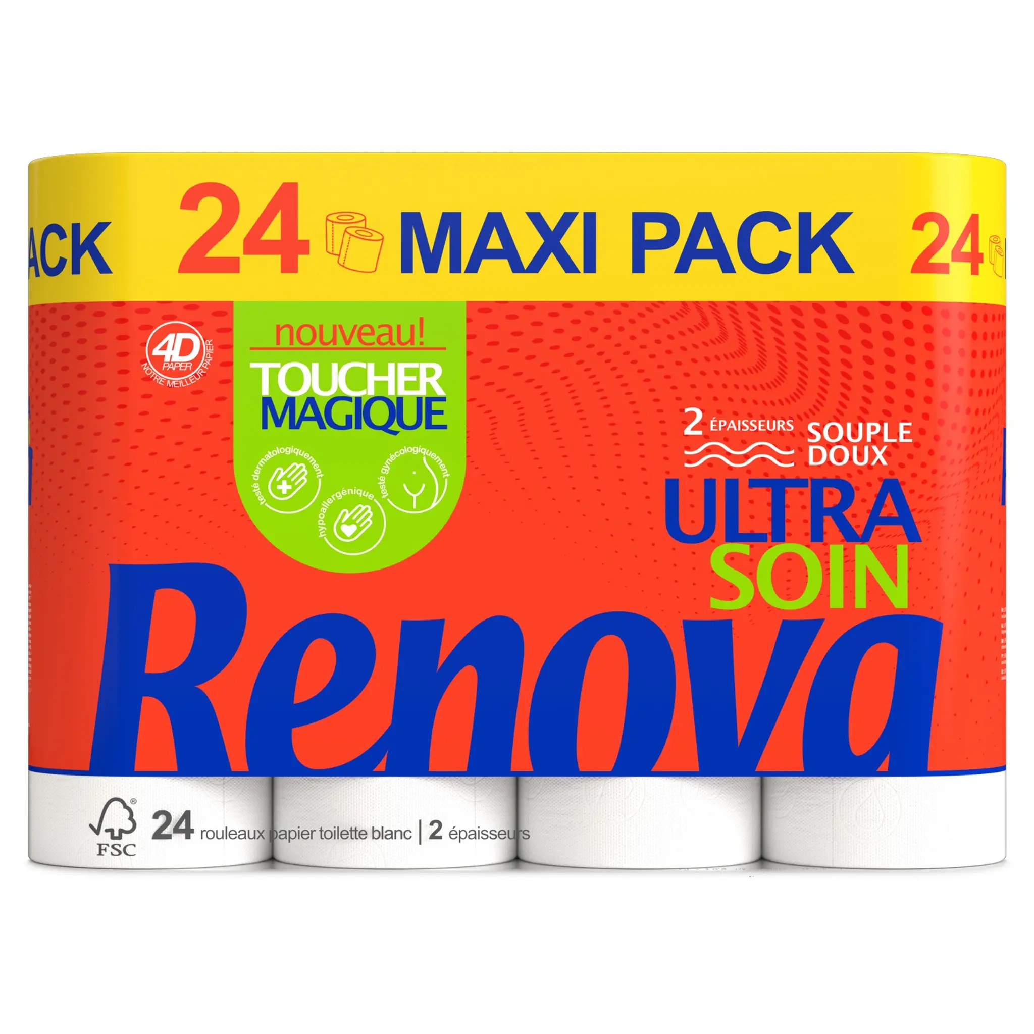 RENOVA Papier toilette blanc souple et doux 2 épaisseurs ultra soin