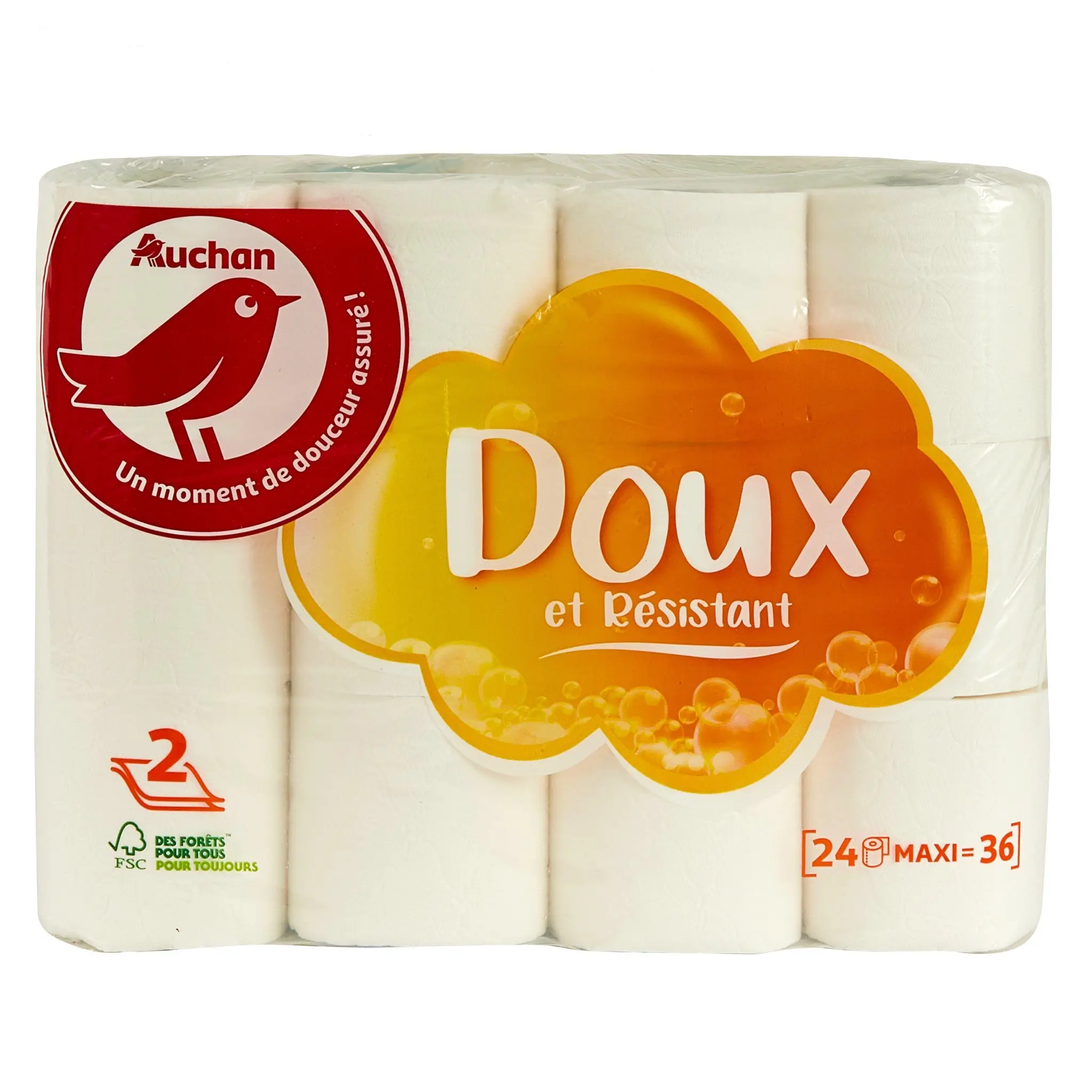 AUCHAN Papier toilette blanc doux et résistant 2 épaisseurs