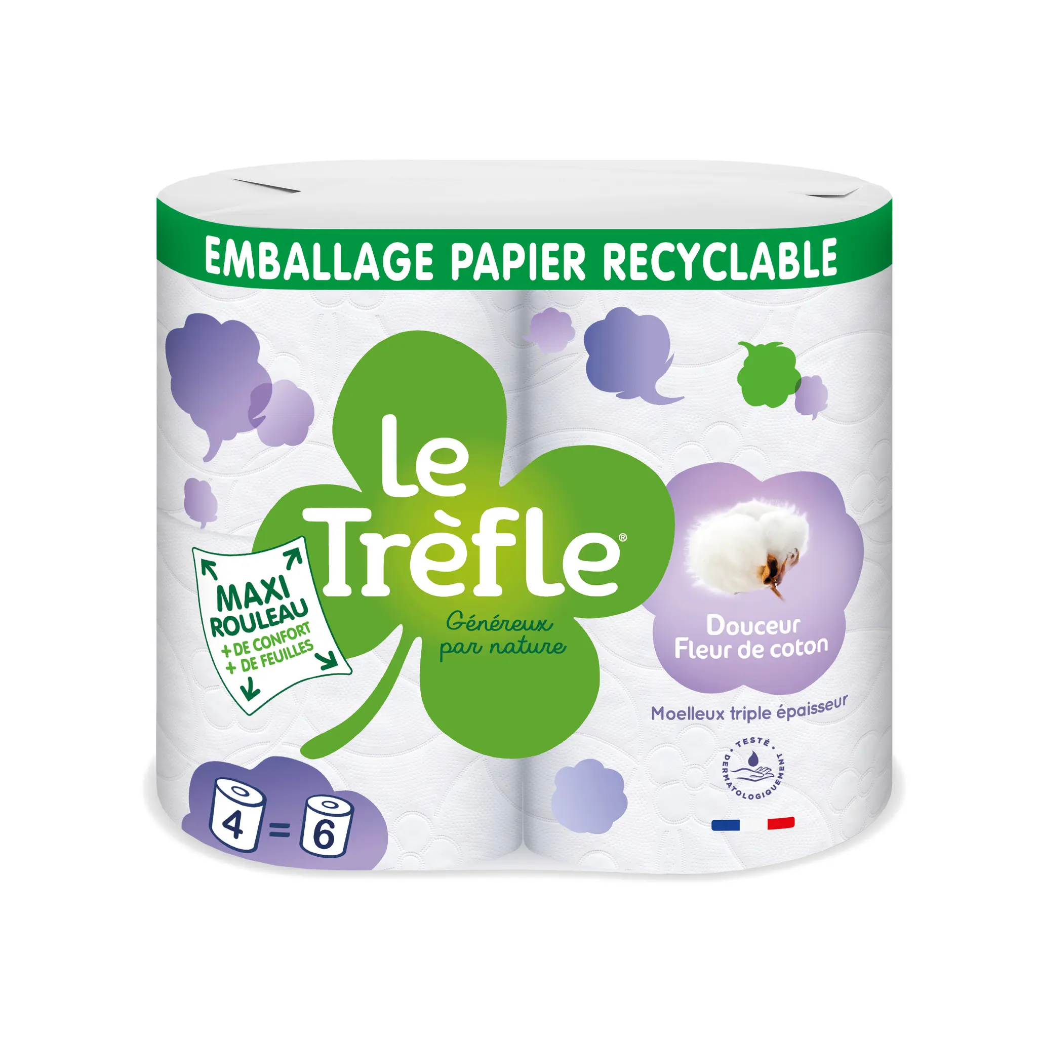LE TRÈFLE Papier toilette blanc douceur fleur de coton 3 épaisseurs