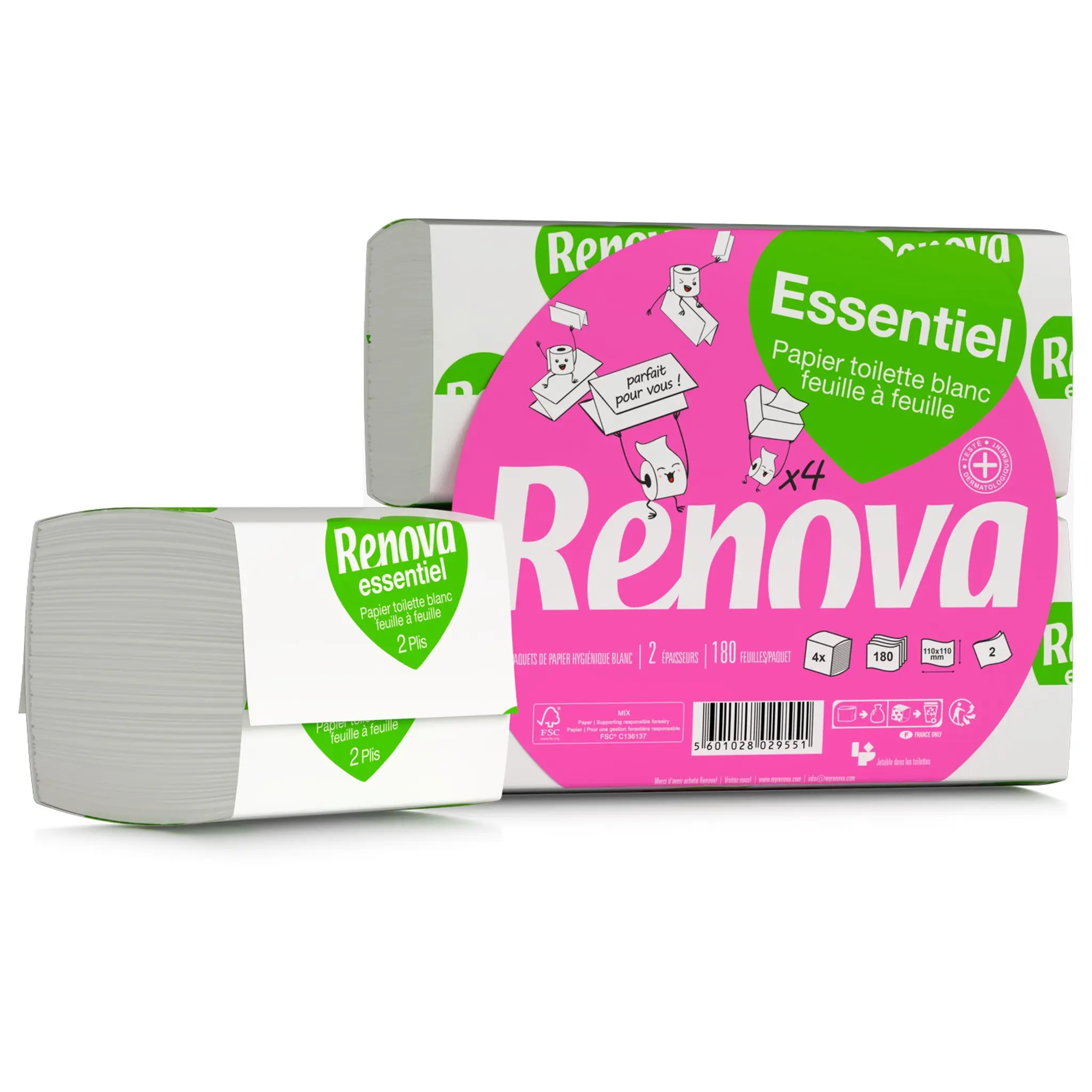 RENOVA Papier toilette blanc en feuille 2 épaisseurs