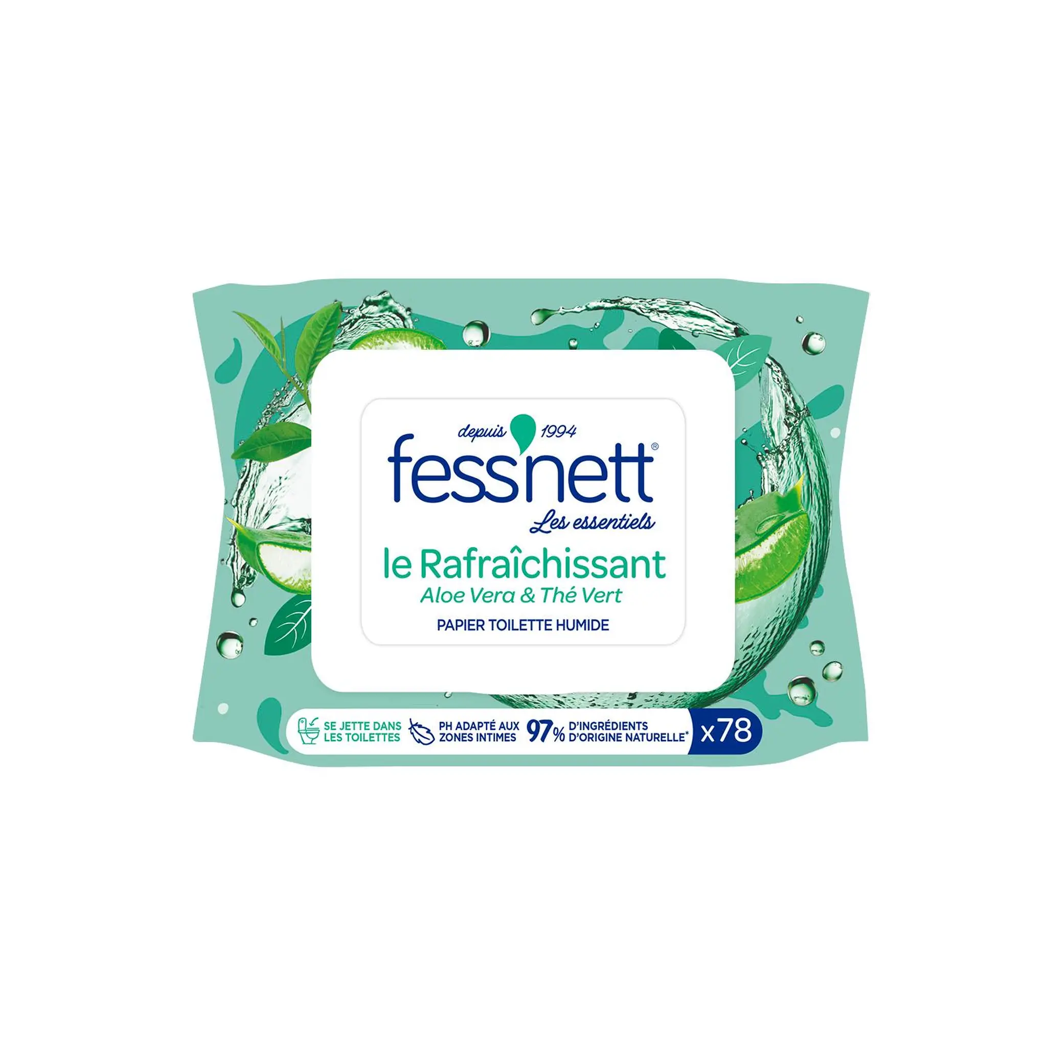 FESS'NETT Papier toilette humide biodégradable aloe vera & thé vert avec texture unique alvéolée