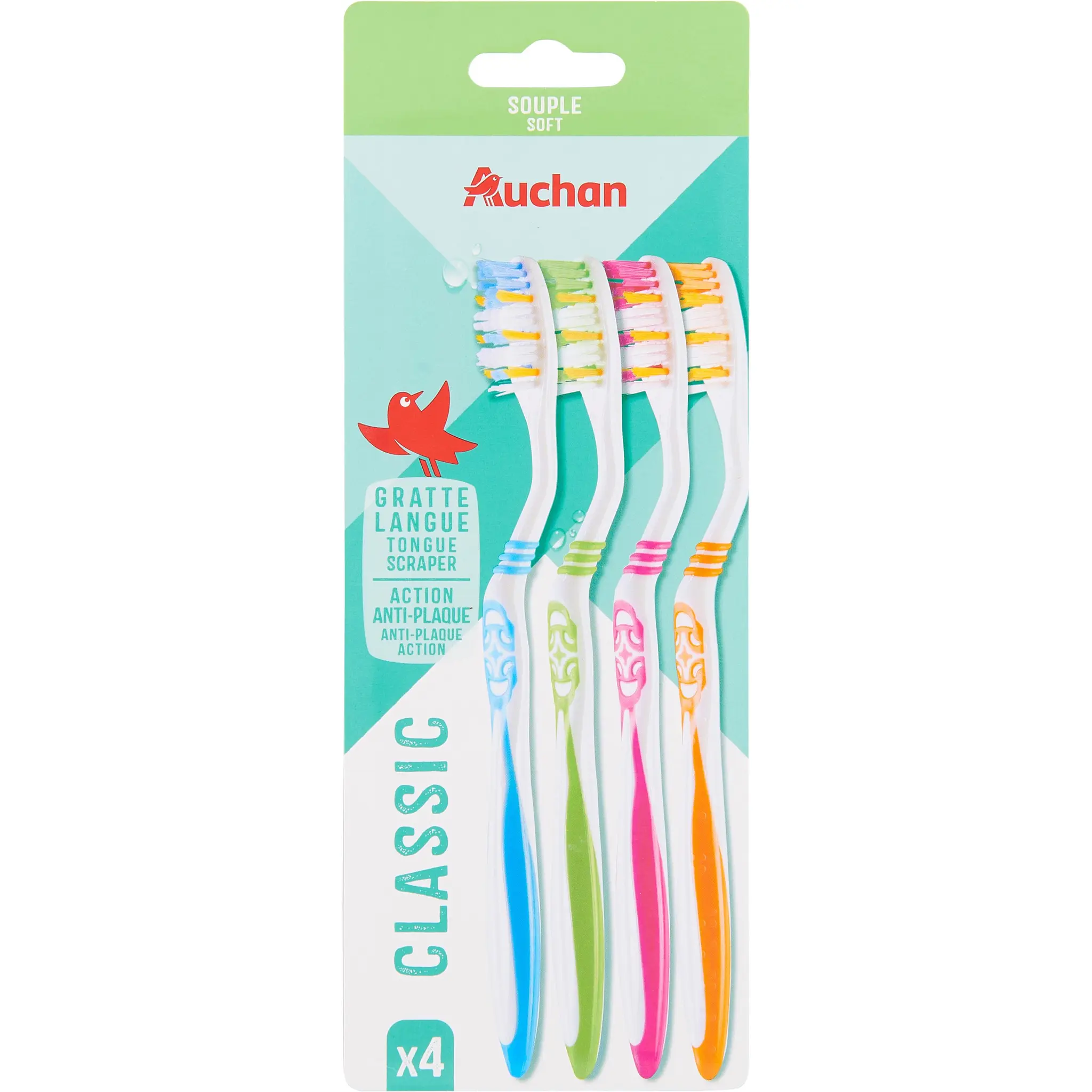 AUCHAN Brosses à dents classic gratte langue souple