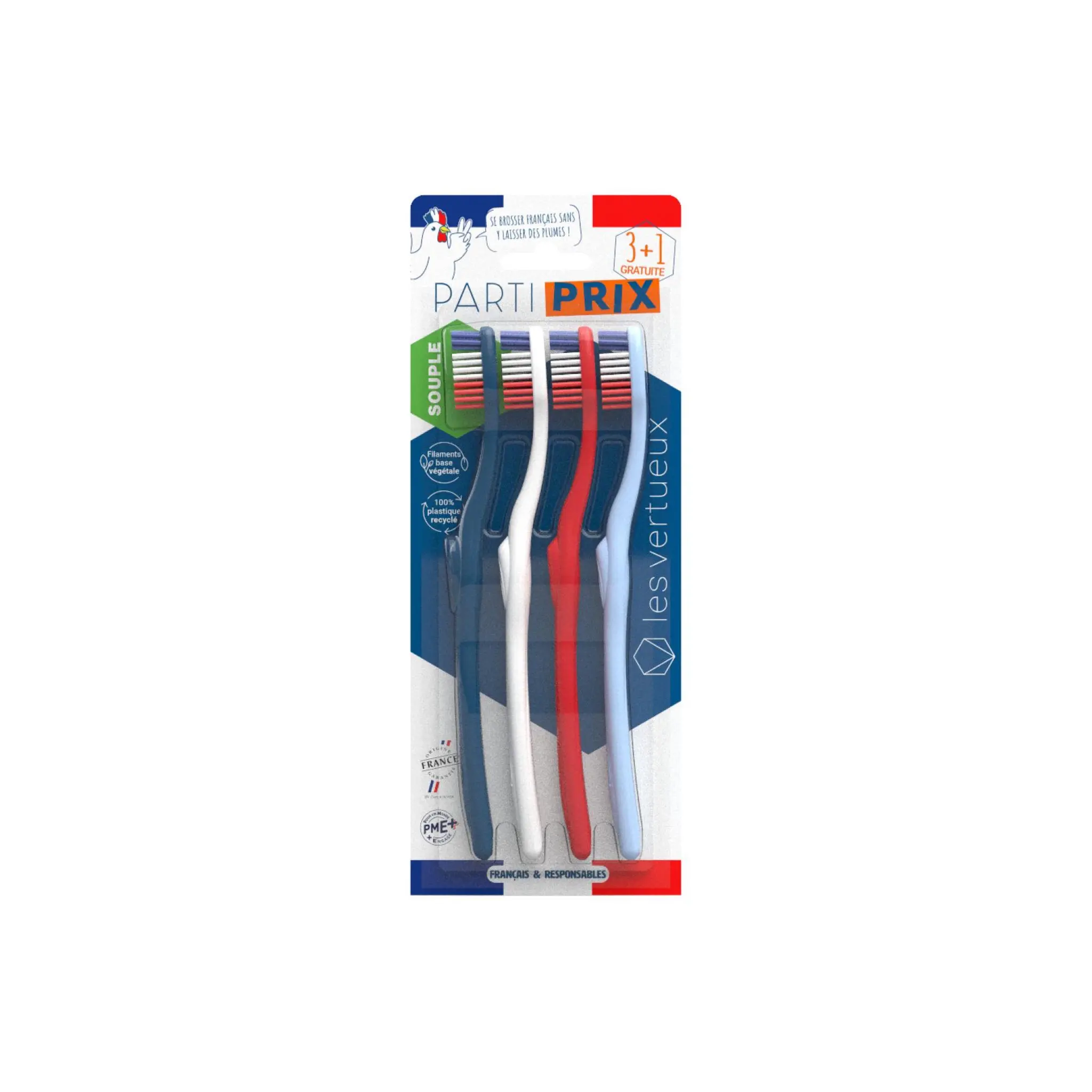 LES VERTUEUX Brosse à dents souple filaments base végétale 100% plastique recyclé français et responsables