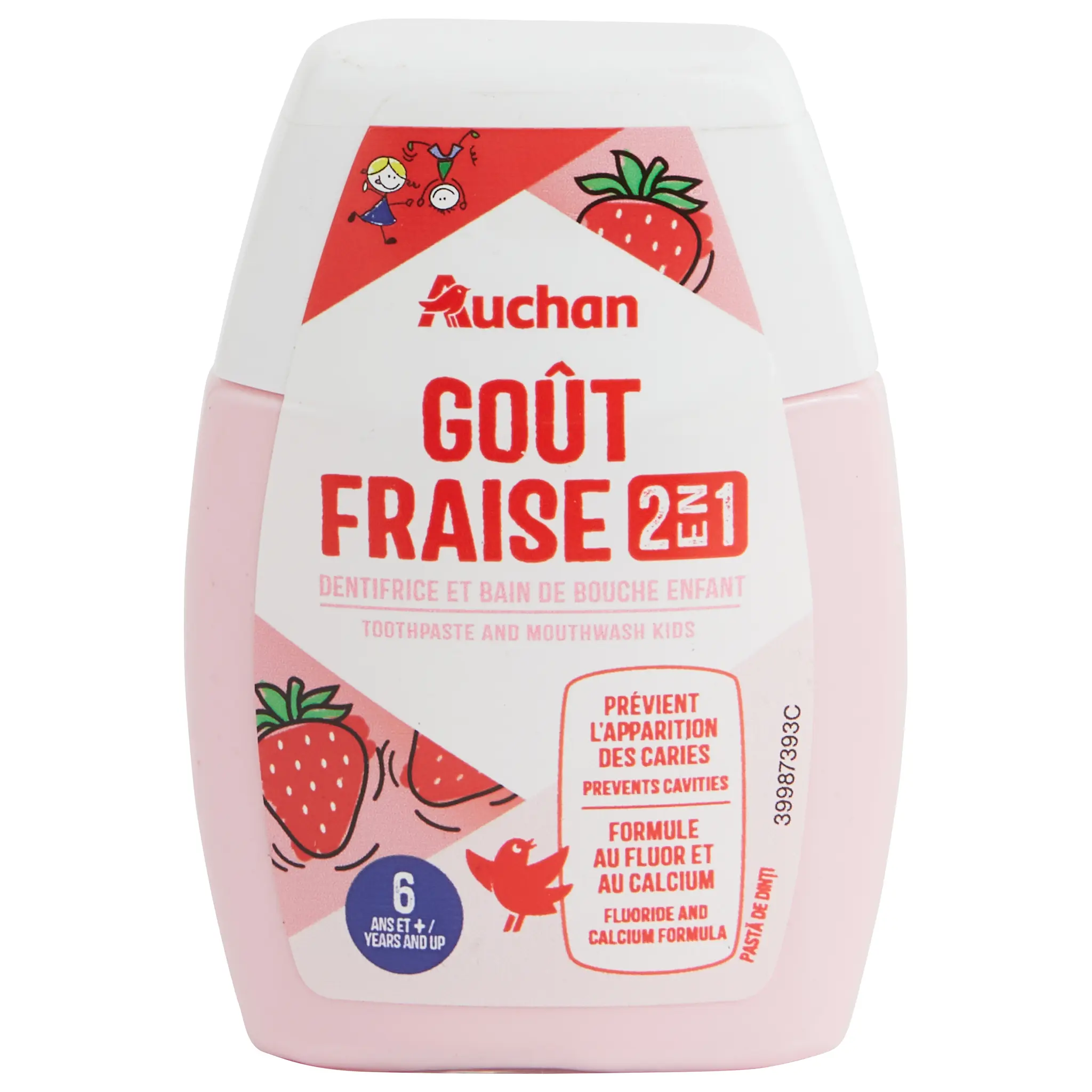 AUCHAN Dentifrice goût fraise 2en1 6ans et +