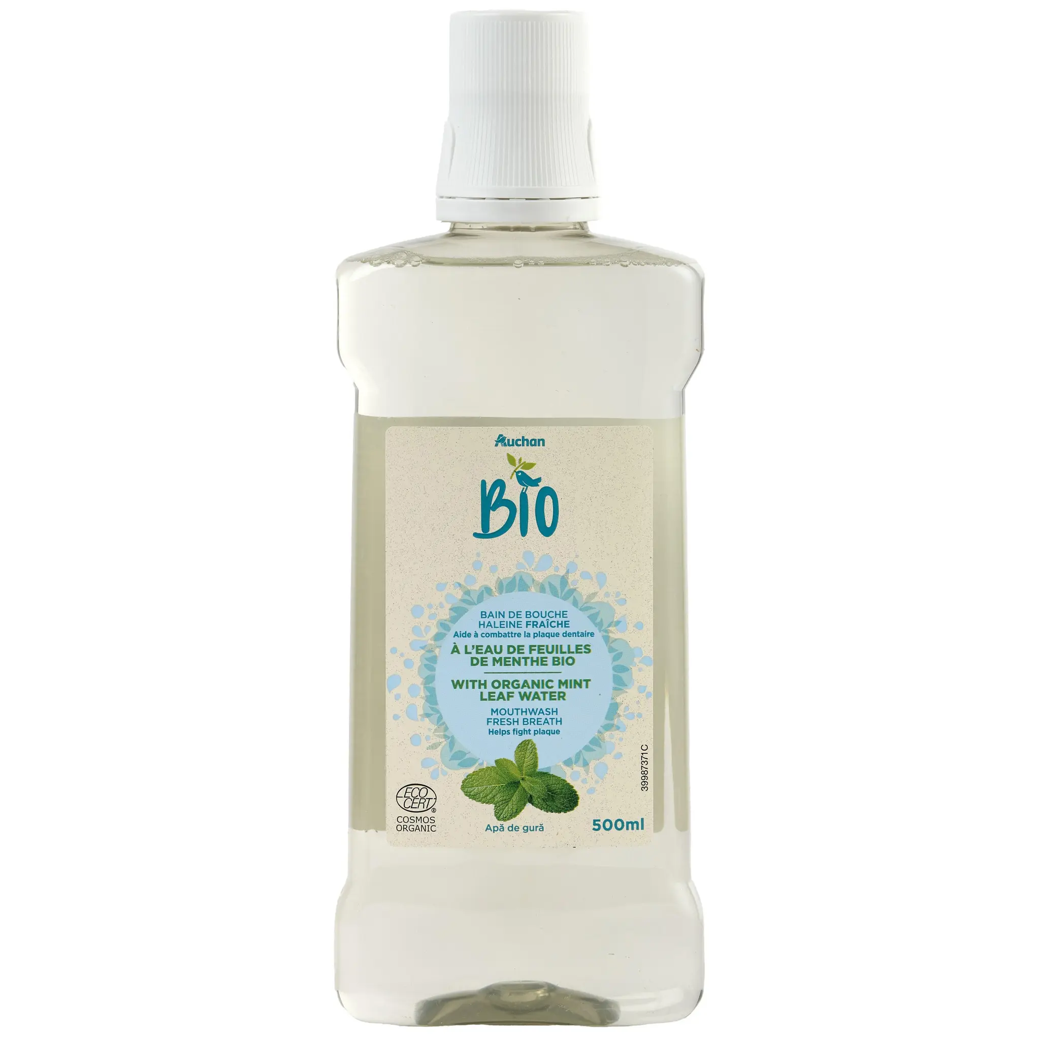 AUCHAN BIO Bain de bouche haleine fraîche à l'eau de feuilles de menthe bio