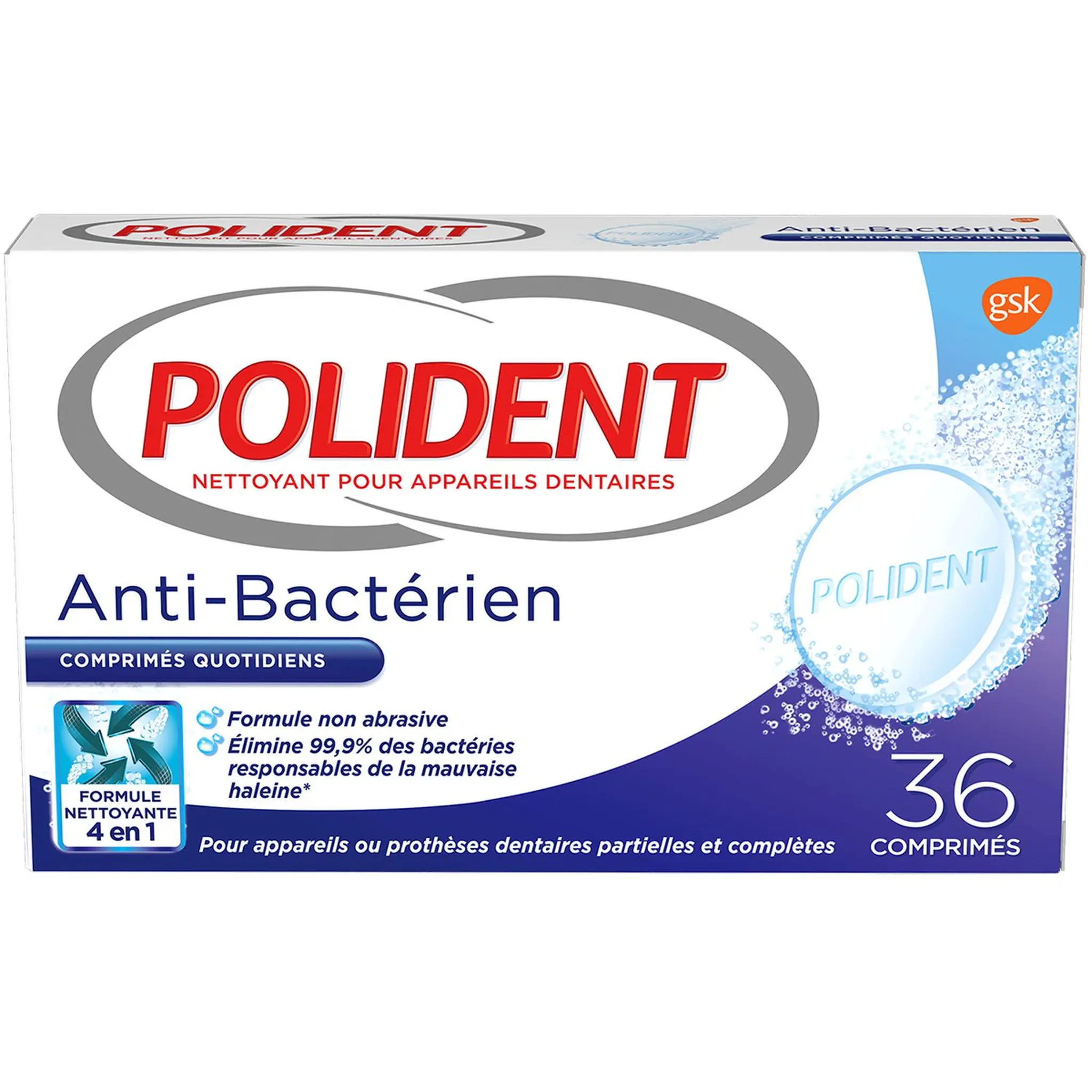 POLIDENT Comprimés quotidiens anti-bactérien pour appareils dentaires