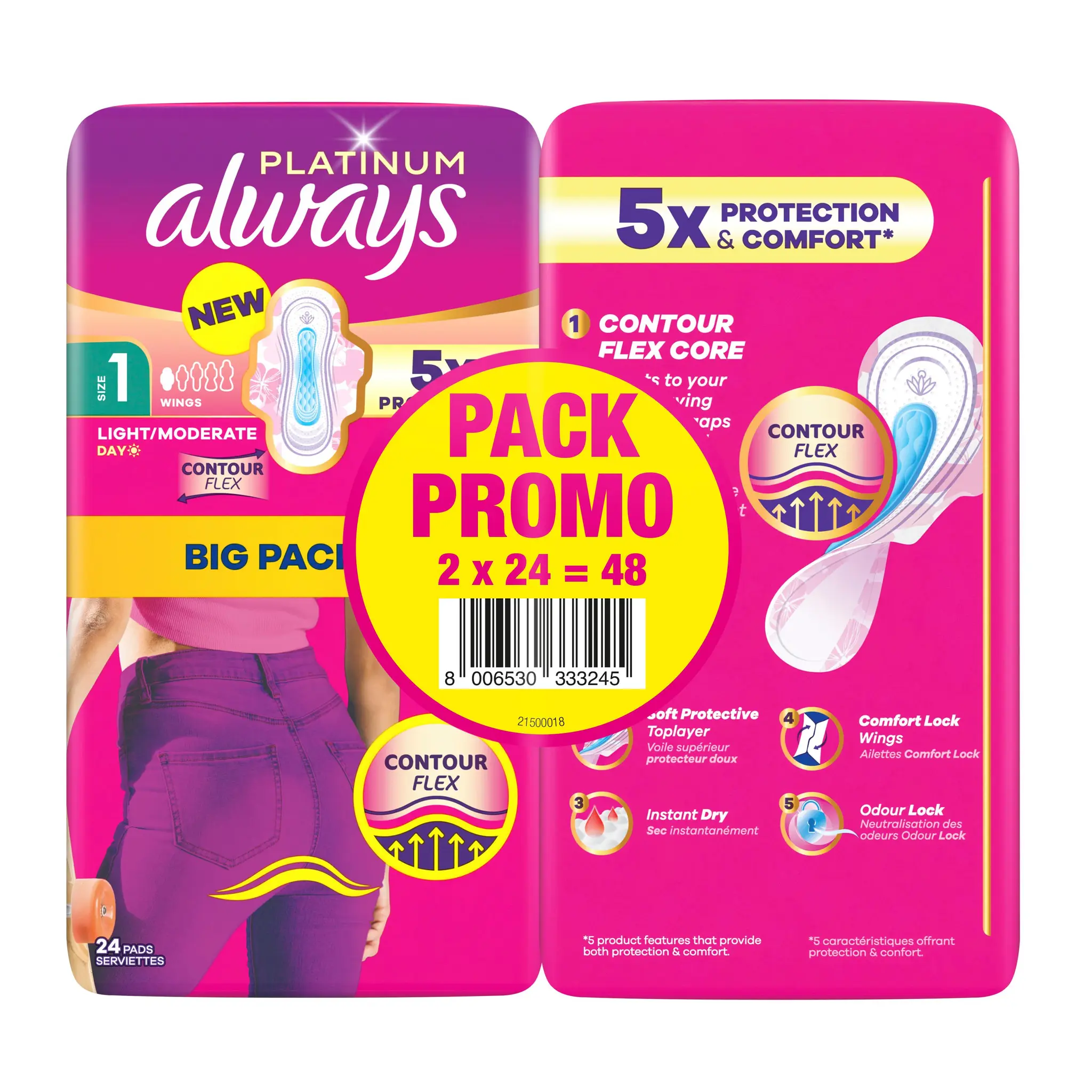 ALWAYS Platinum Serviettes hygiéniques jour flux léger modéré taille 1