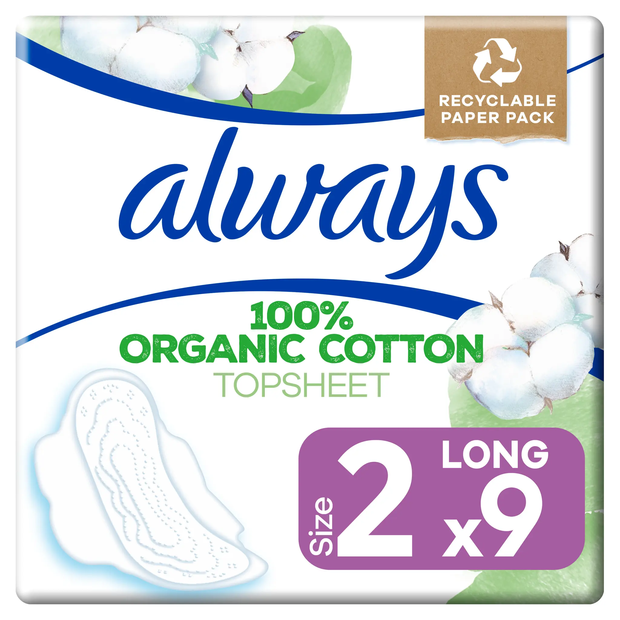 ALWAYS Serviettes hygiéniques en coton bio longues taille 2