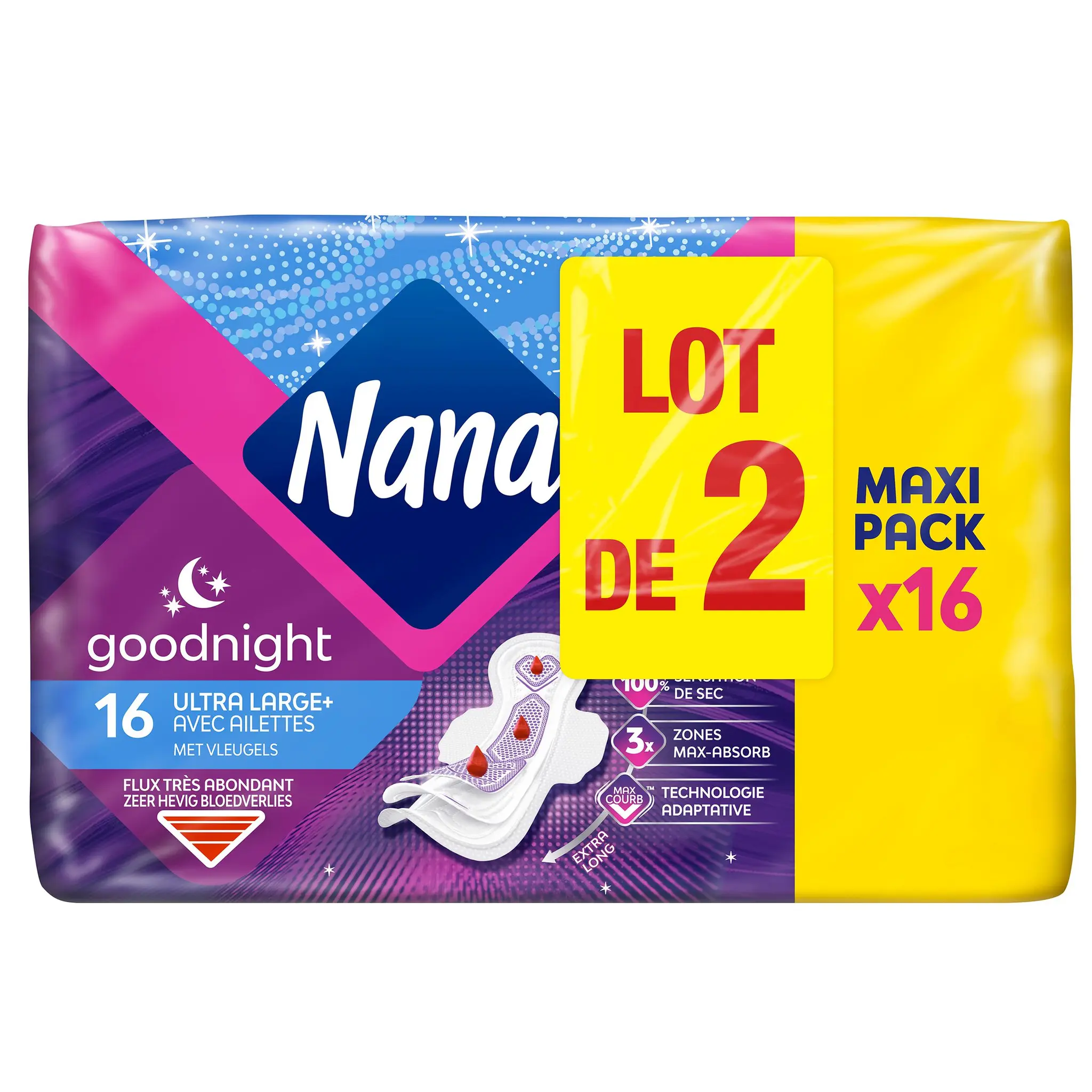NANA Goodnight Serviettes hygiéniques ultra large+ avec ailettes