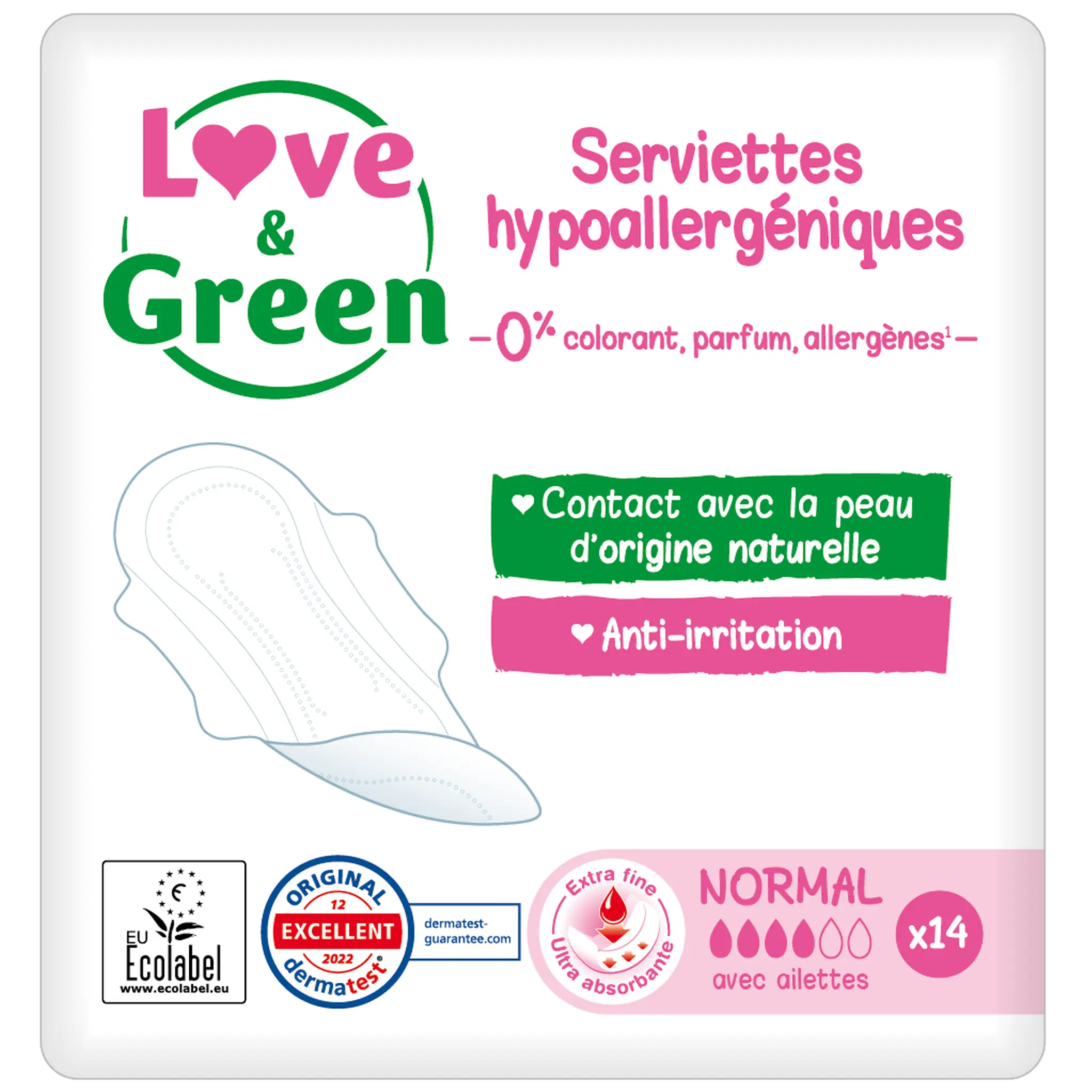 LOVE & GREEN Serviettes hygiéniques écologiques avec ailettes normal
