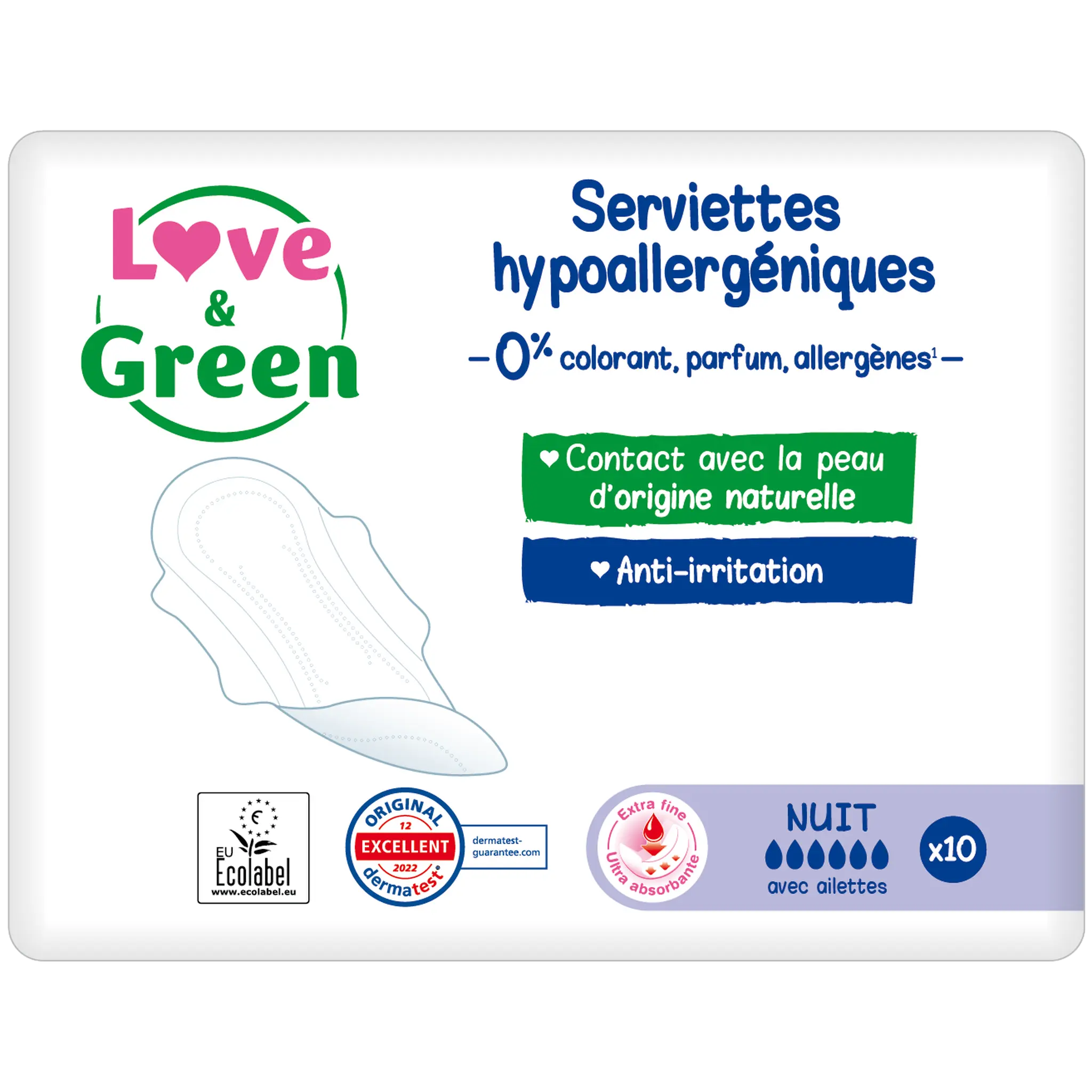 LOVE & GREEN Serviettes hygiéniques écologiques avec ailettes nuit