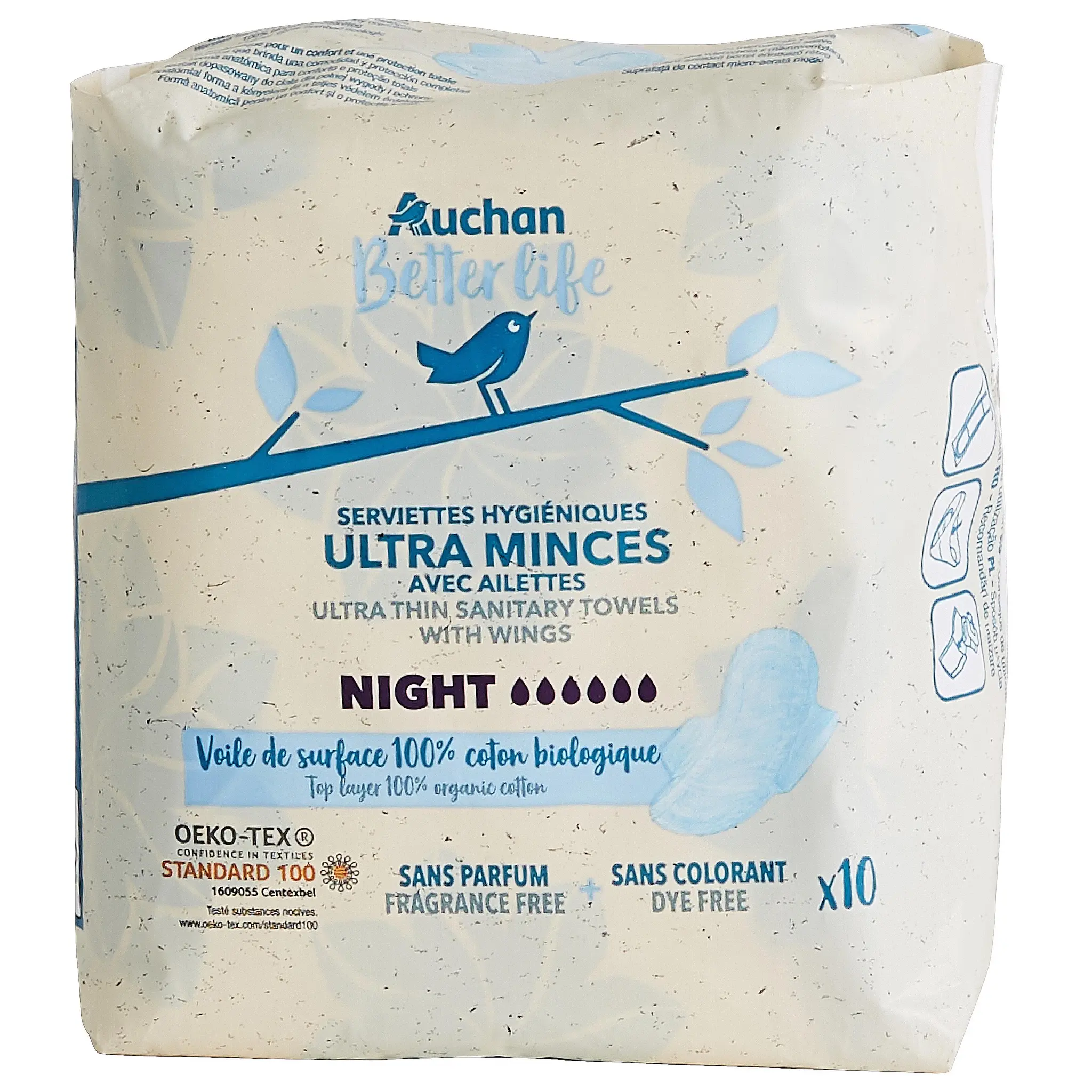 AUCHAN BETTER LIFE Serviettes hygiéniques ultra minces avec ailettes night