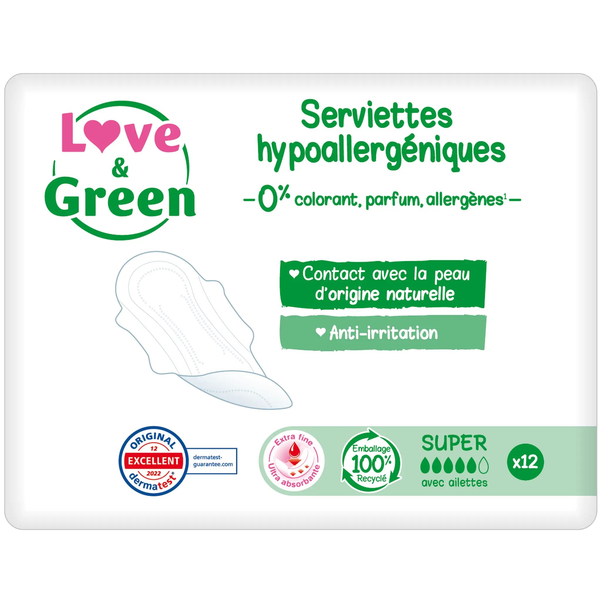 LOVE & GREEN Serviettes hygiéniques écologiques avec ailettes super
