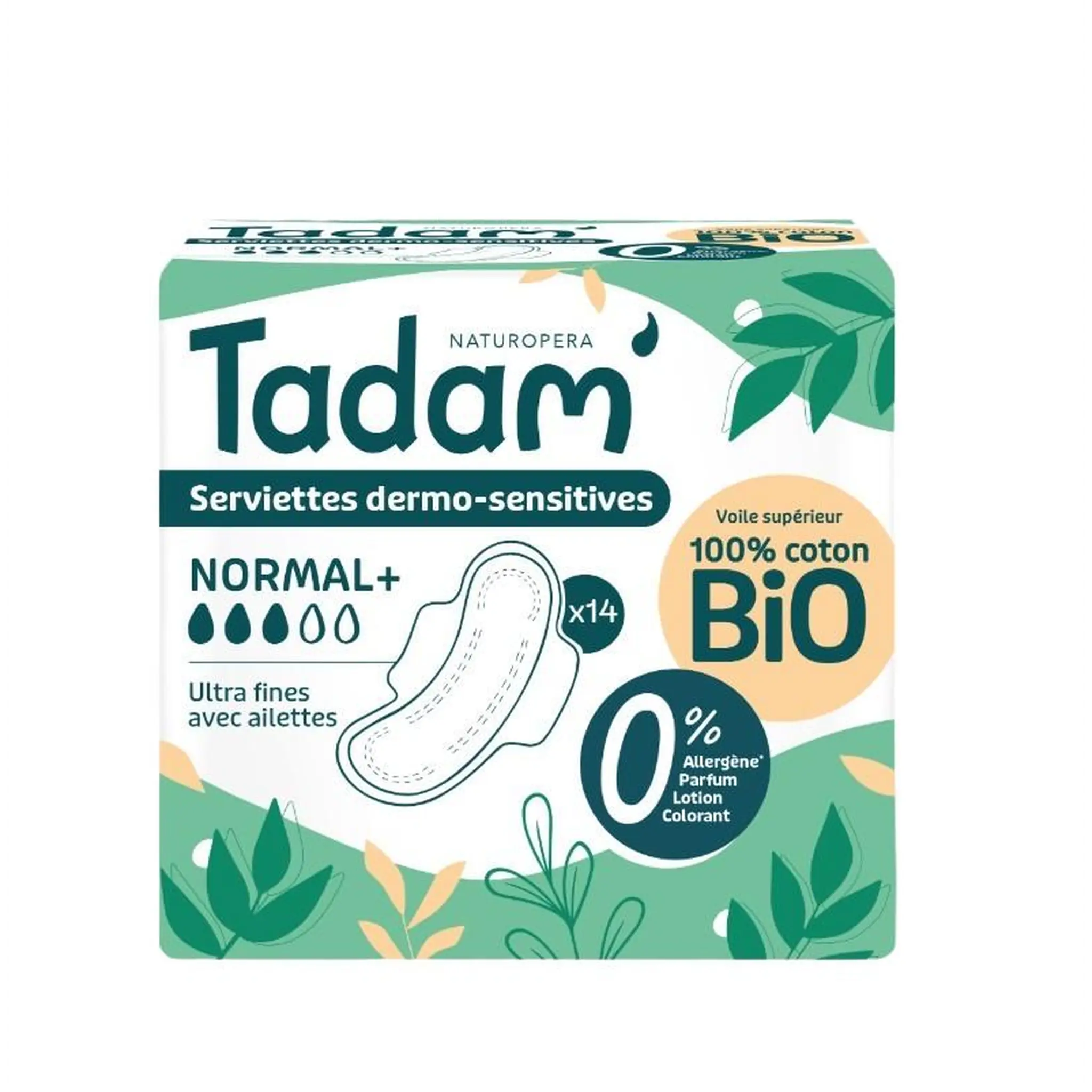 TADAM Serviettes hygiéniques dermo-sensitives bio normal+ ultra fines avec ailettes