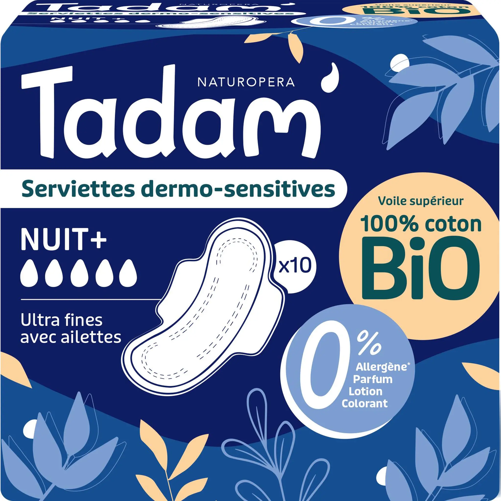 TADAM Serviettes hygiéniques dermo-sensitives bio nuit+ ultra fines avec ailettes