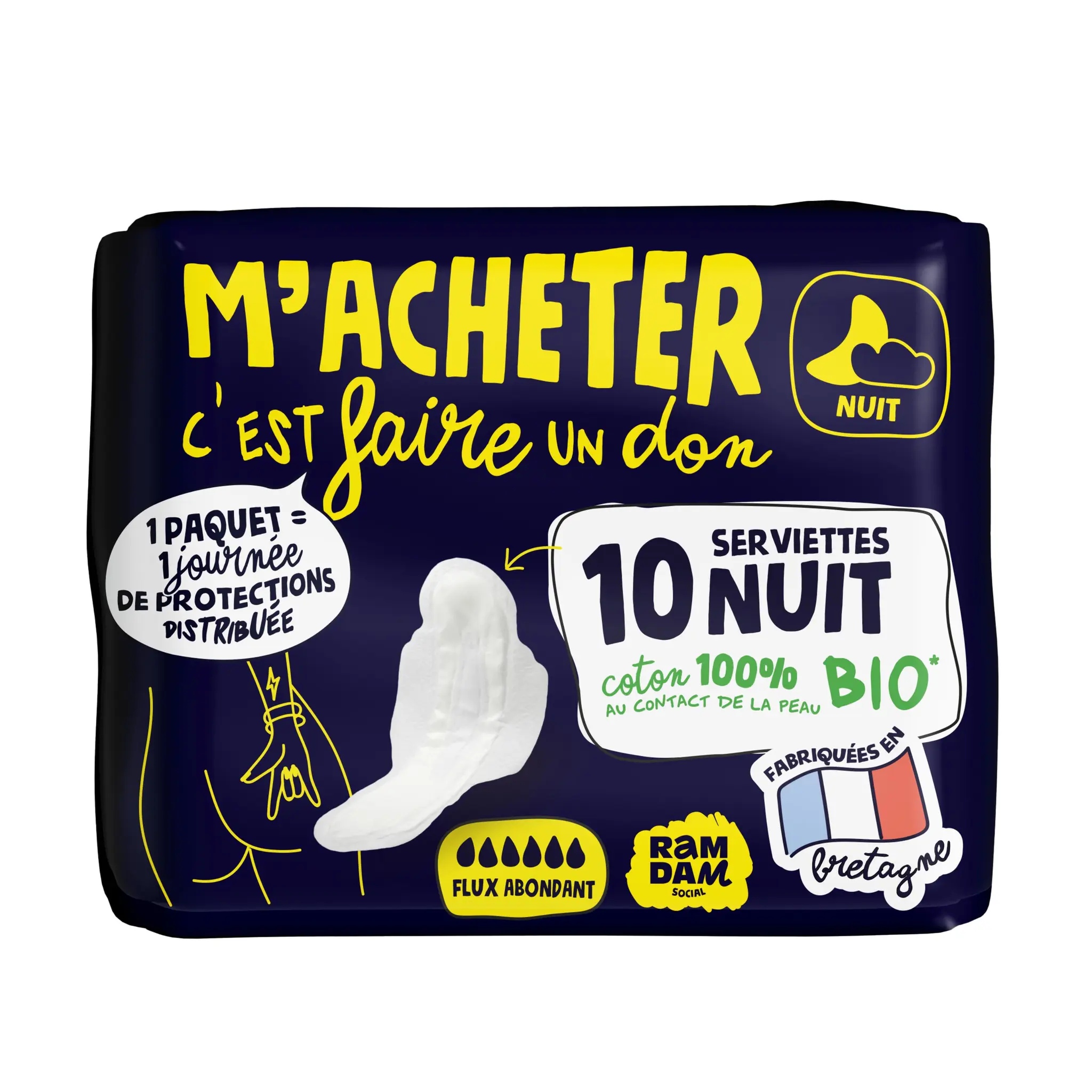 RAMDAM SOCIAL Serviettes hygiéniques bio nuit flux abondant