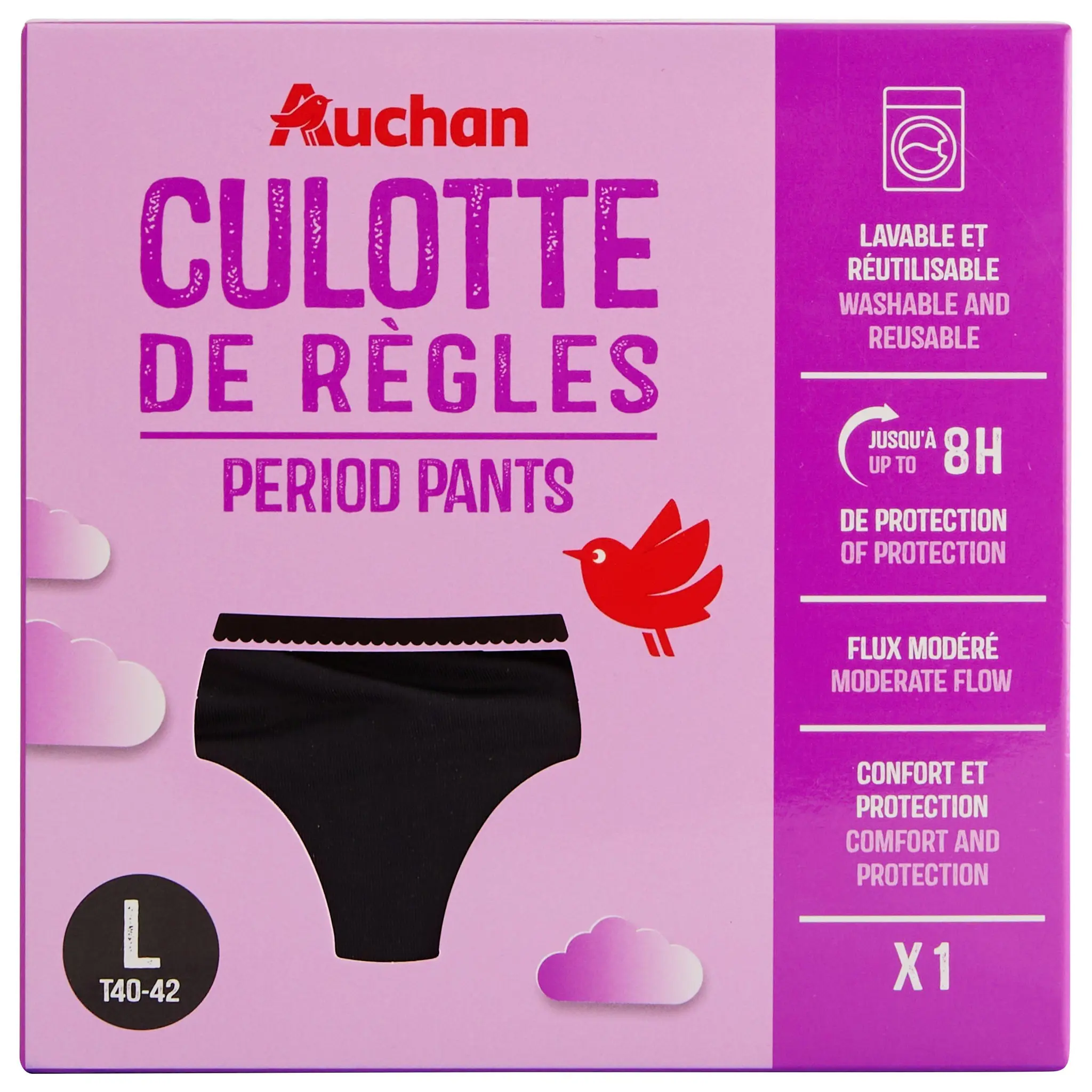 AUCHAN Culotte de règles lavable et réutilisable flux modéré taille L 40-42