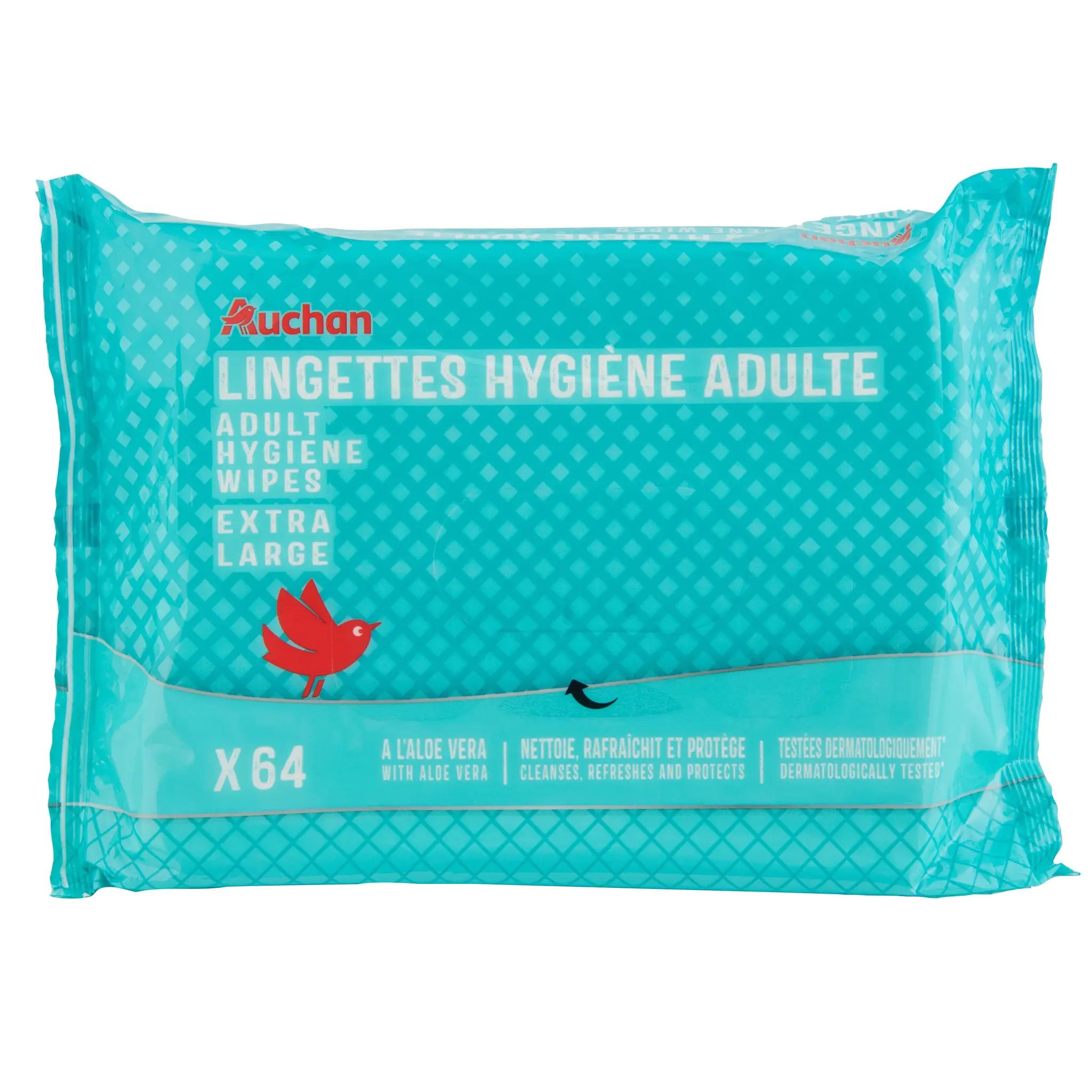 AUCHAN Lingettes hygiène adulte extra large nettoie rafraîchit & protège à l'aloe vera