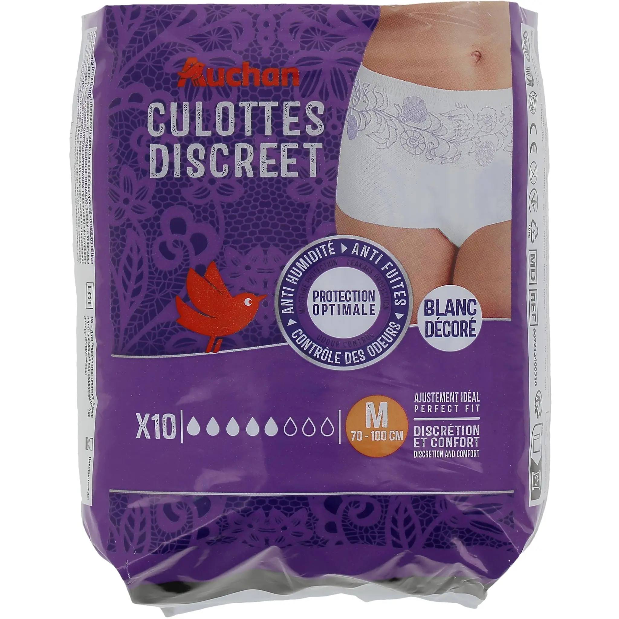 AUCHAN Culottes discreet incontinence blanc décoré taille M 70-100cm