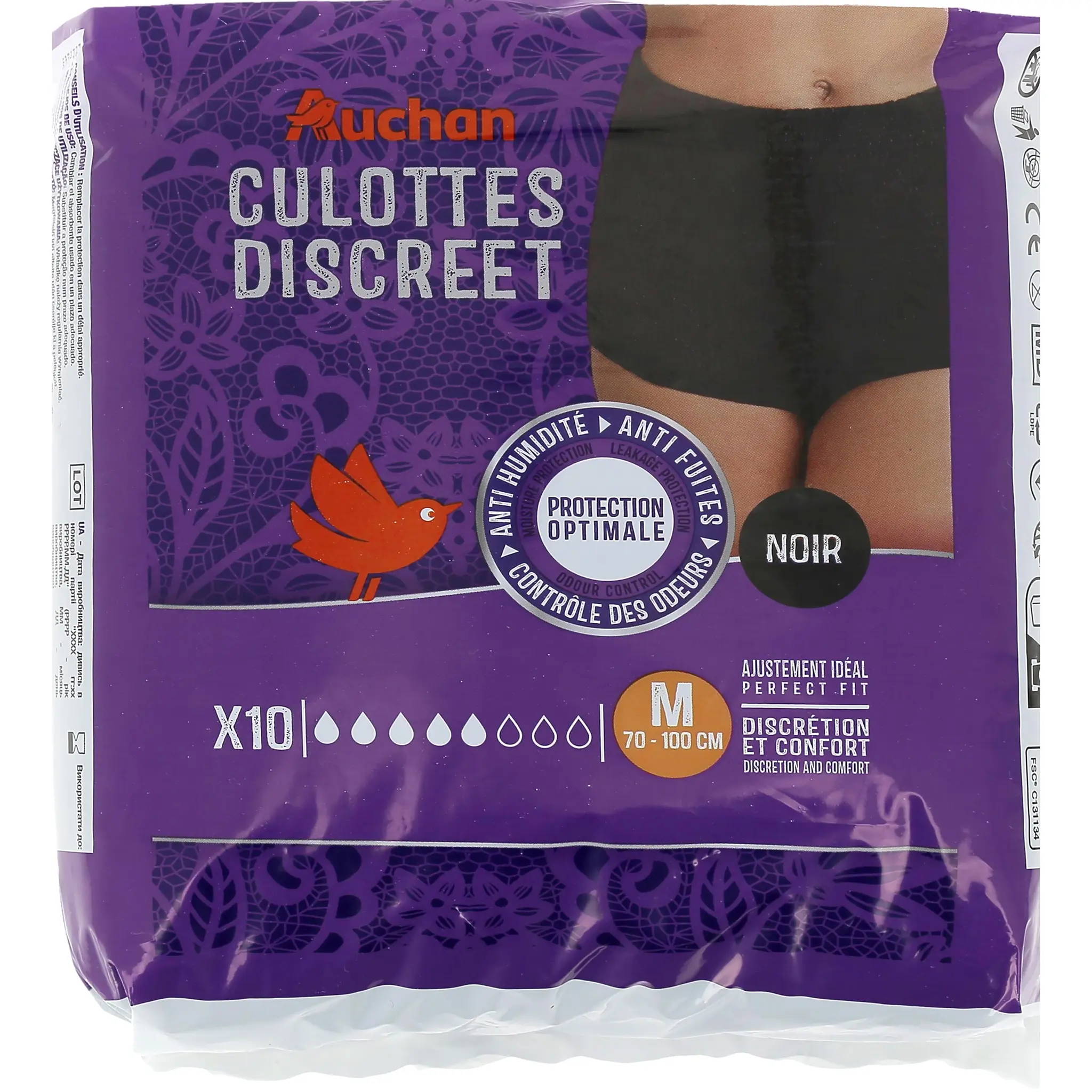 AUCHAN Culottes discreet incontinence noir taille M 70 - 100 cm