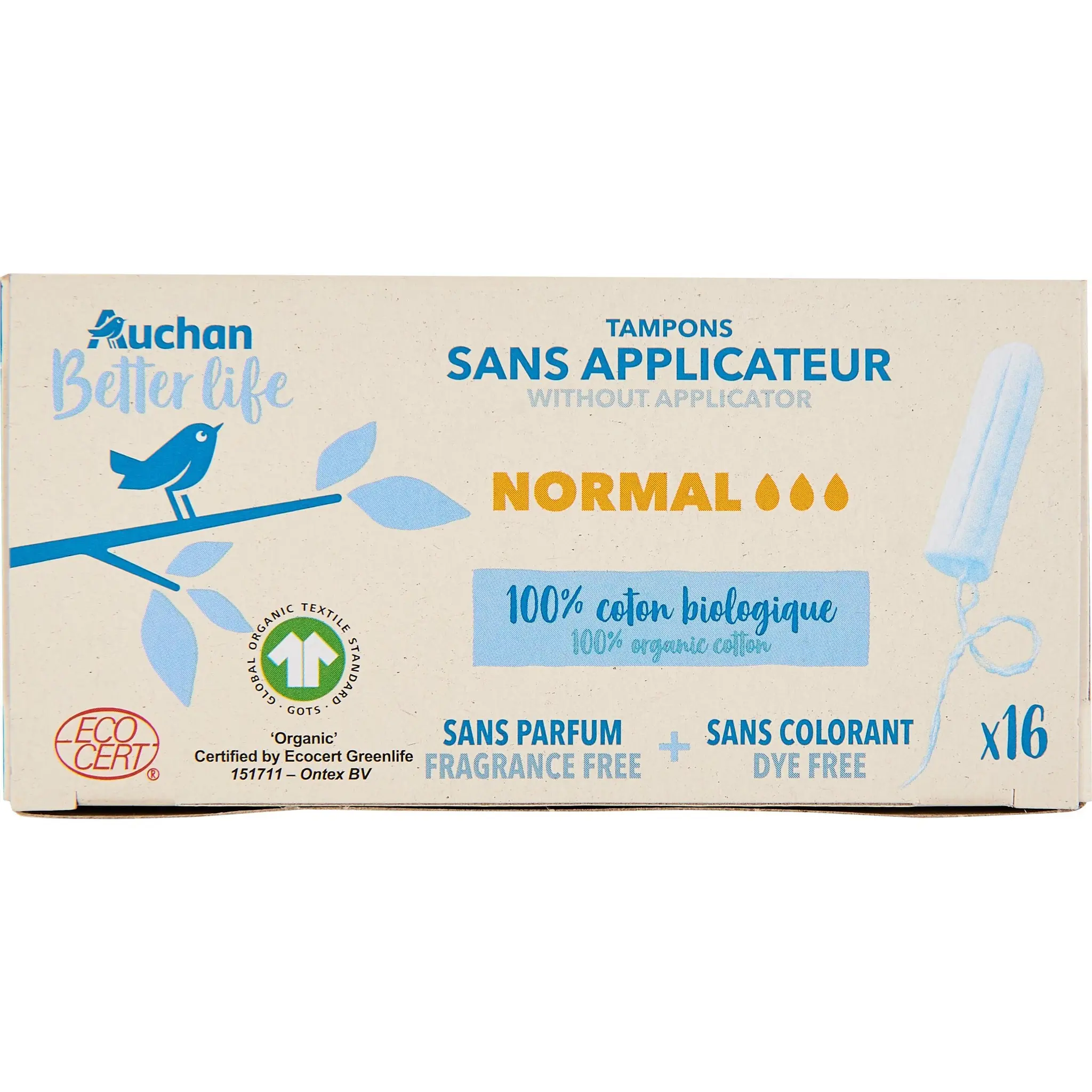 AUCHAN BETTER LIFE Tampons sans applicateur normal bio