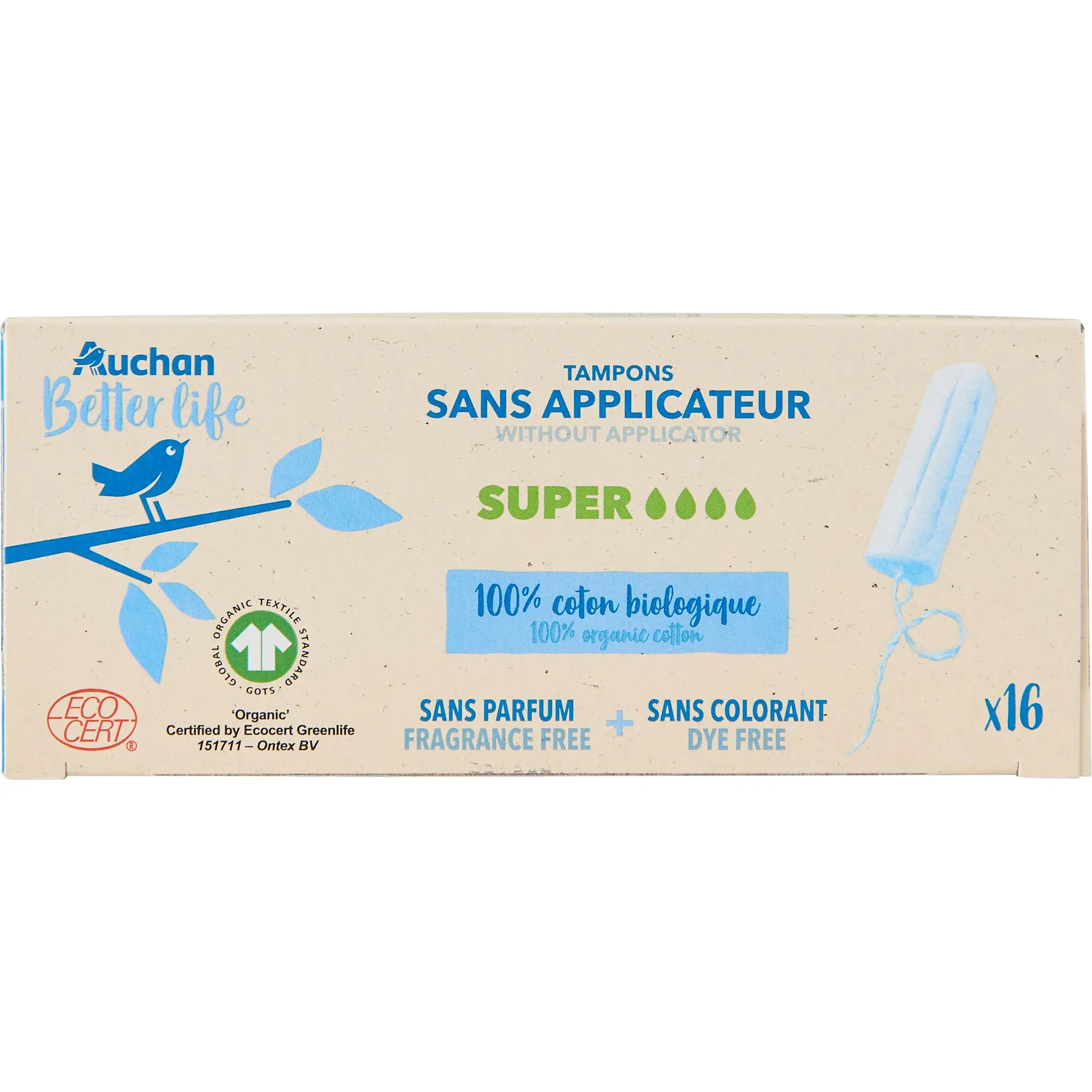 AUCHAN BETTER LIFE Tampons sans applicateur coton bio super