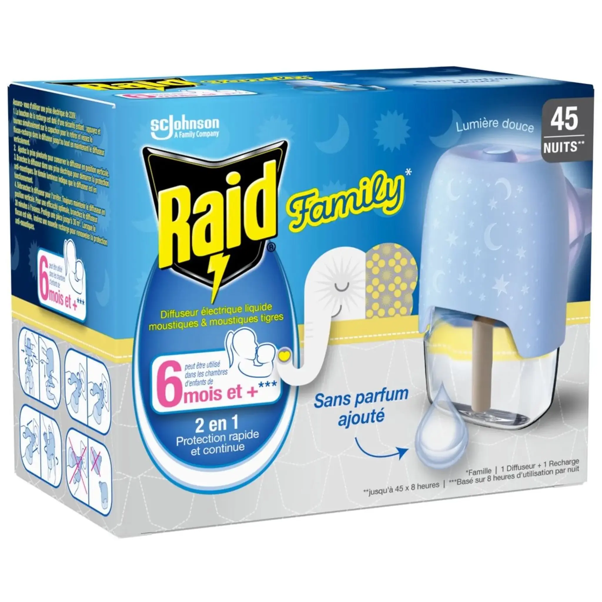 RAID Family Diffuseur liquide électrique anti moustiques et moustiques tigres sans parfum lumière douce