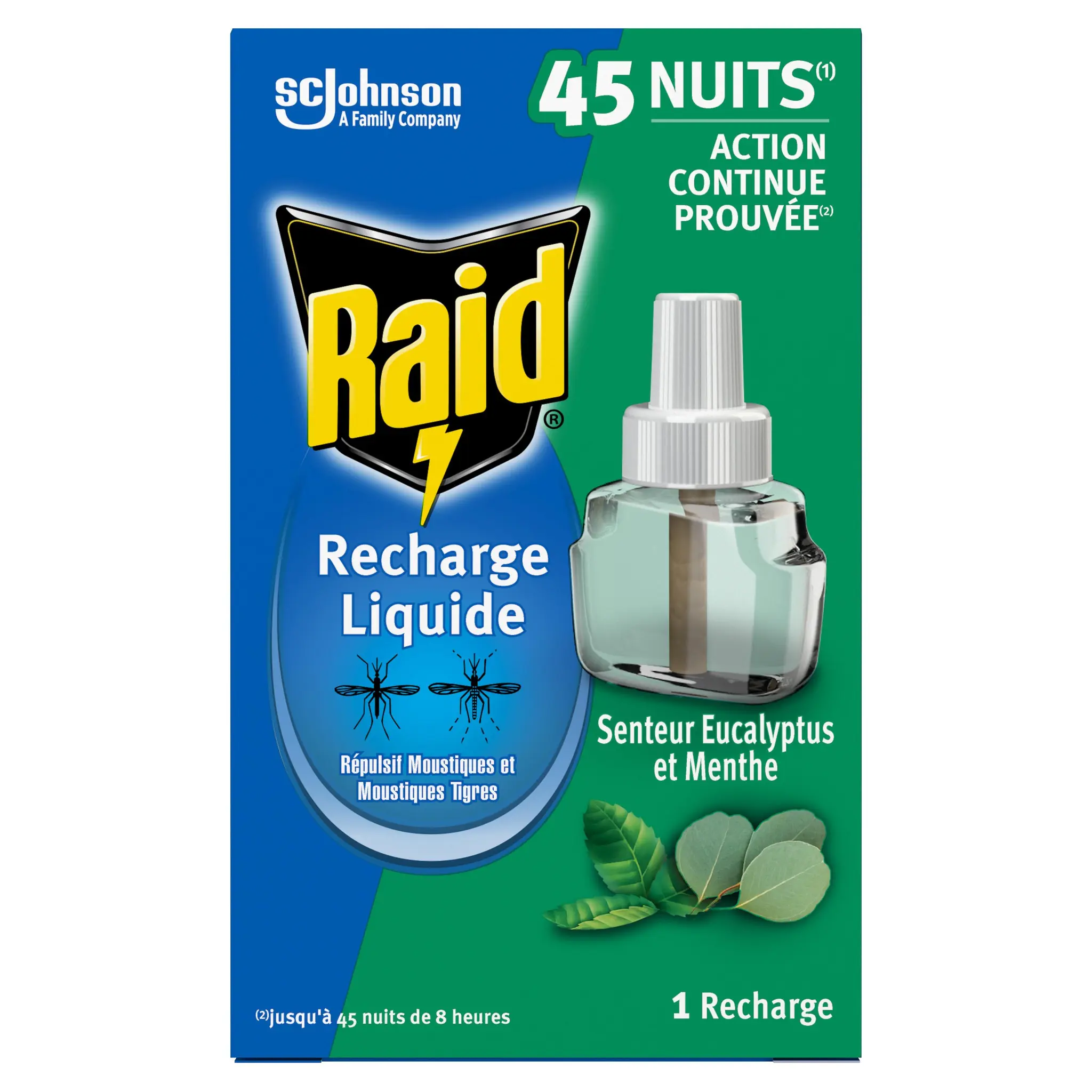 RAID Recharge liquide répulsifs moustiques et moustiques tigres senteur eucalyptus et menthe