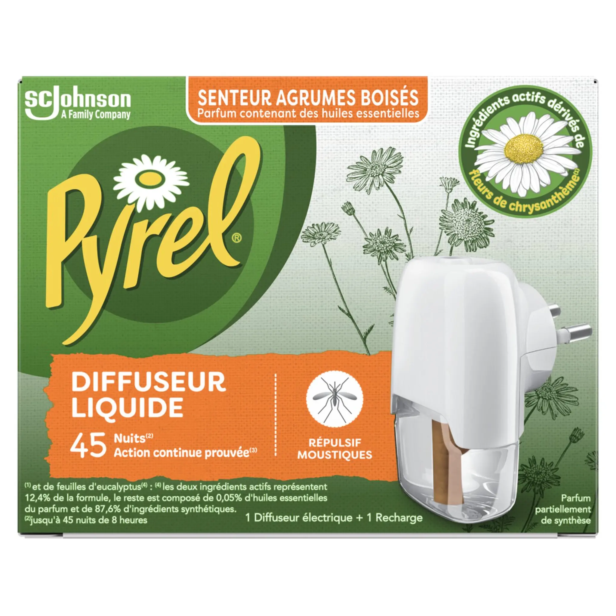 PYREL Diffuseur liquide électrique répulsif moustiques agrumes boisés