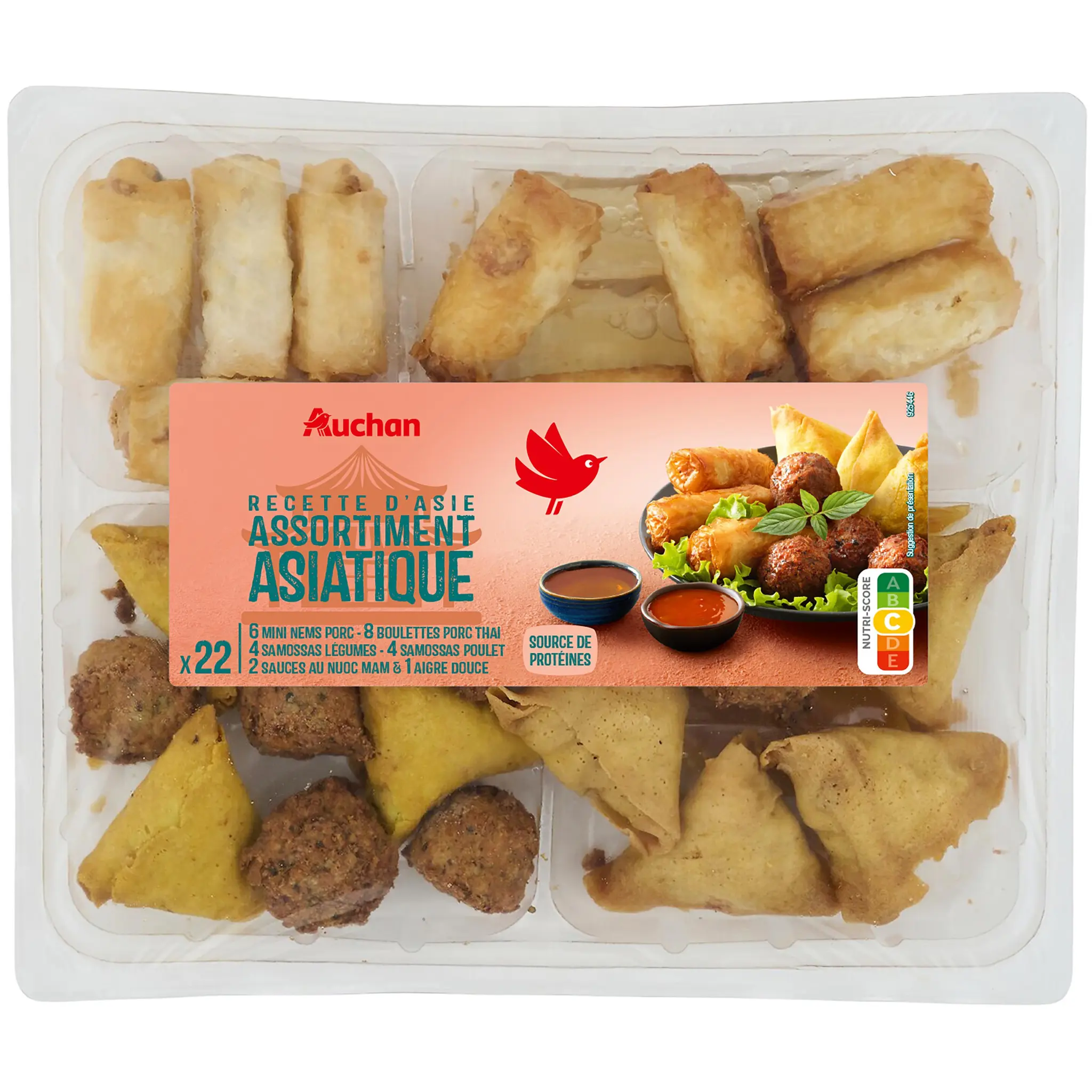 AUCHAN Assortiment asiatique avec 2 sauces au nuoc-mâm et 1 sauce aigre-douce
