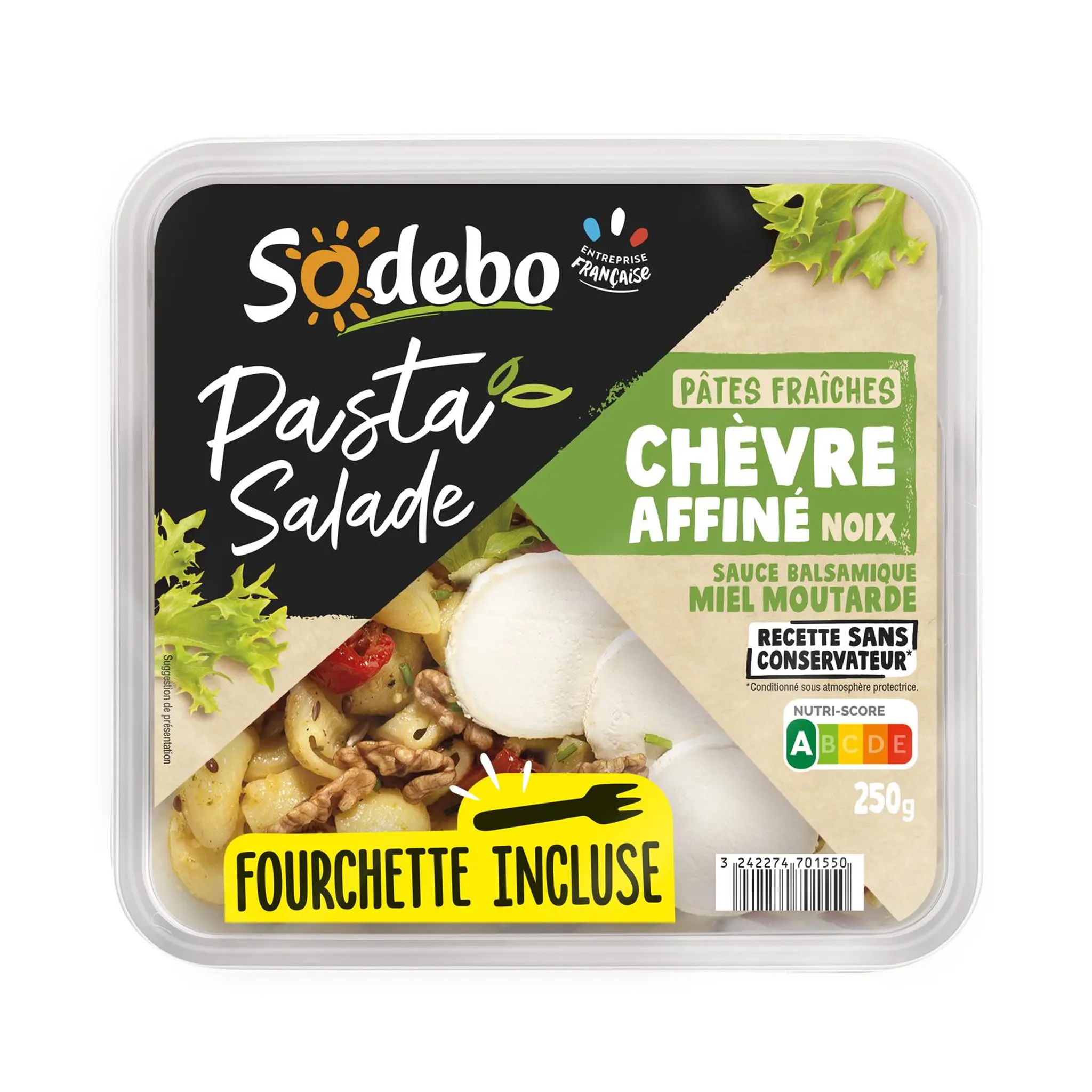 SODEBO Salade de pâtes chèvre affiné noix et sauce balsamique miel moutarde avec fourchette