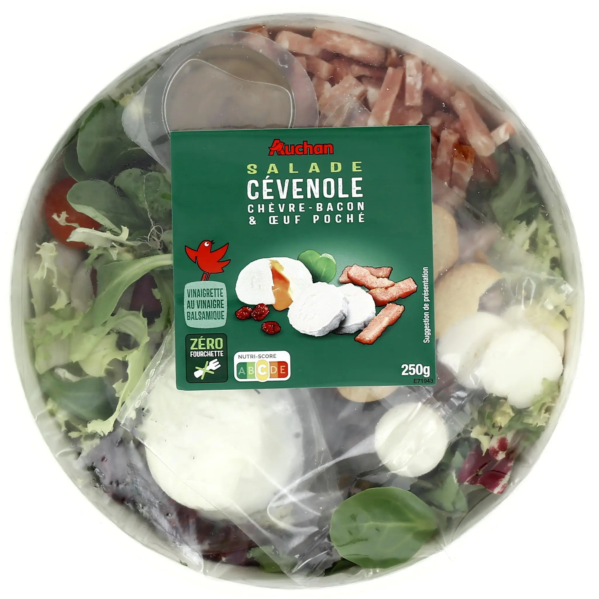 AUCHAN Salade Cévenole chèvre lardons et œuf poché vinaigre balsamique