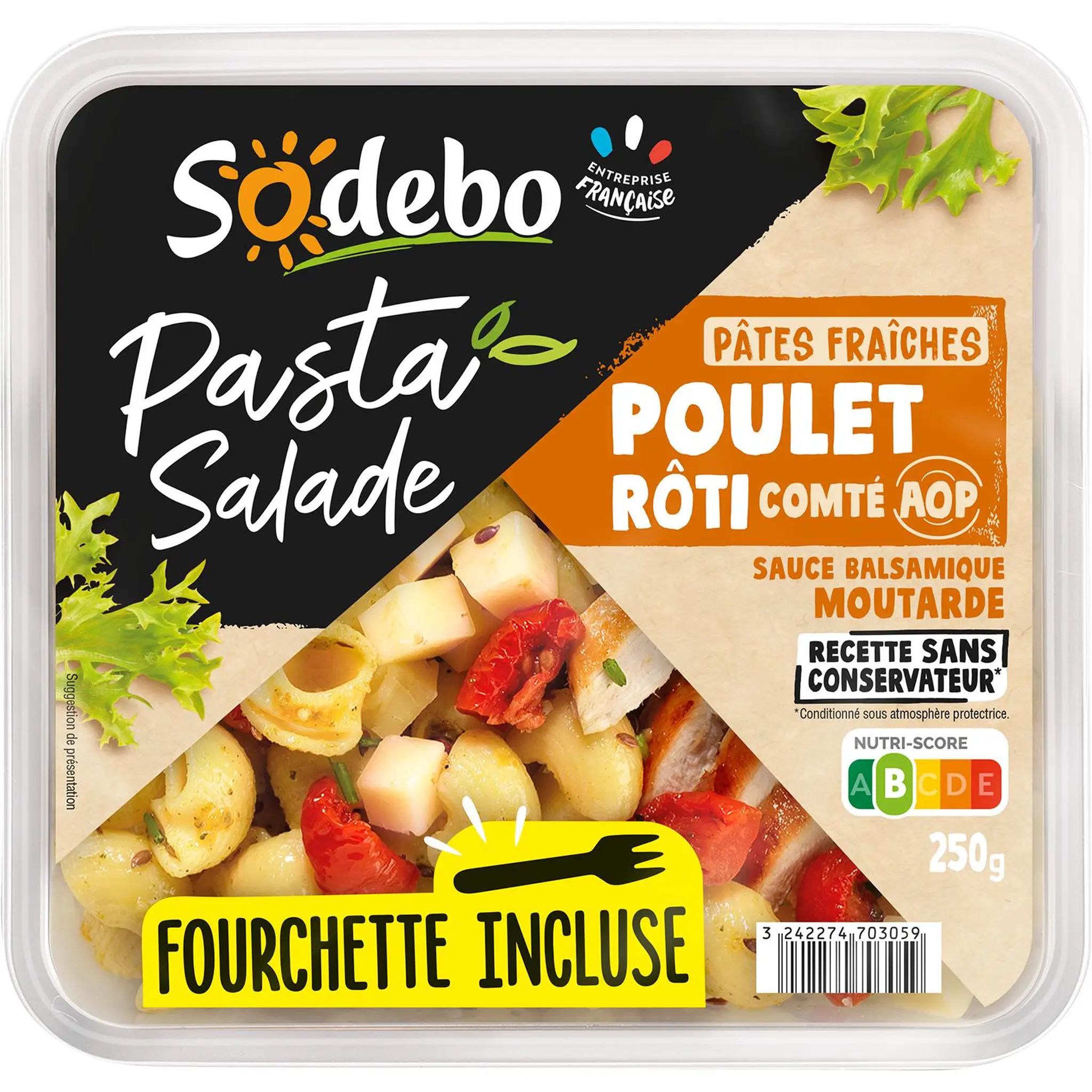 SODEBO Salade de pâtes poulet rôti comté sauce balsamique moutarde avec fourchette