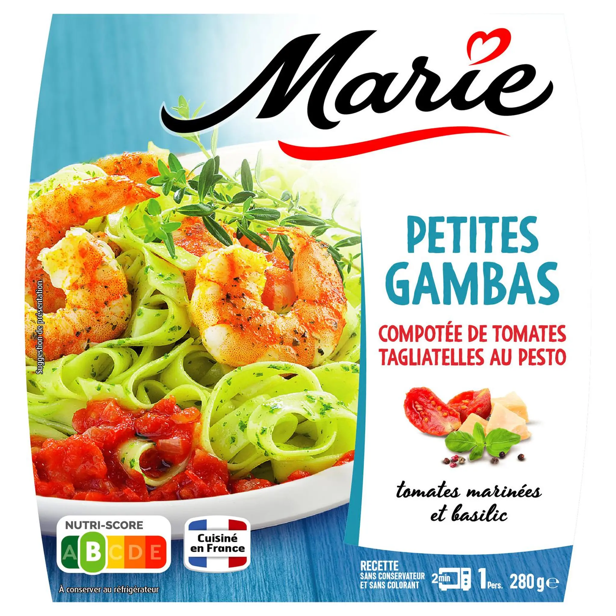 MARIE Petites gambas et tagliatelles au pesto sans couverts