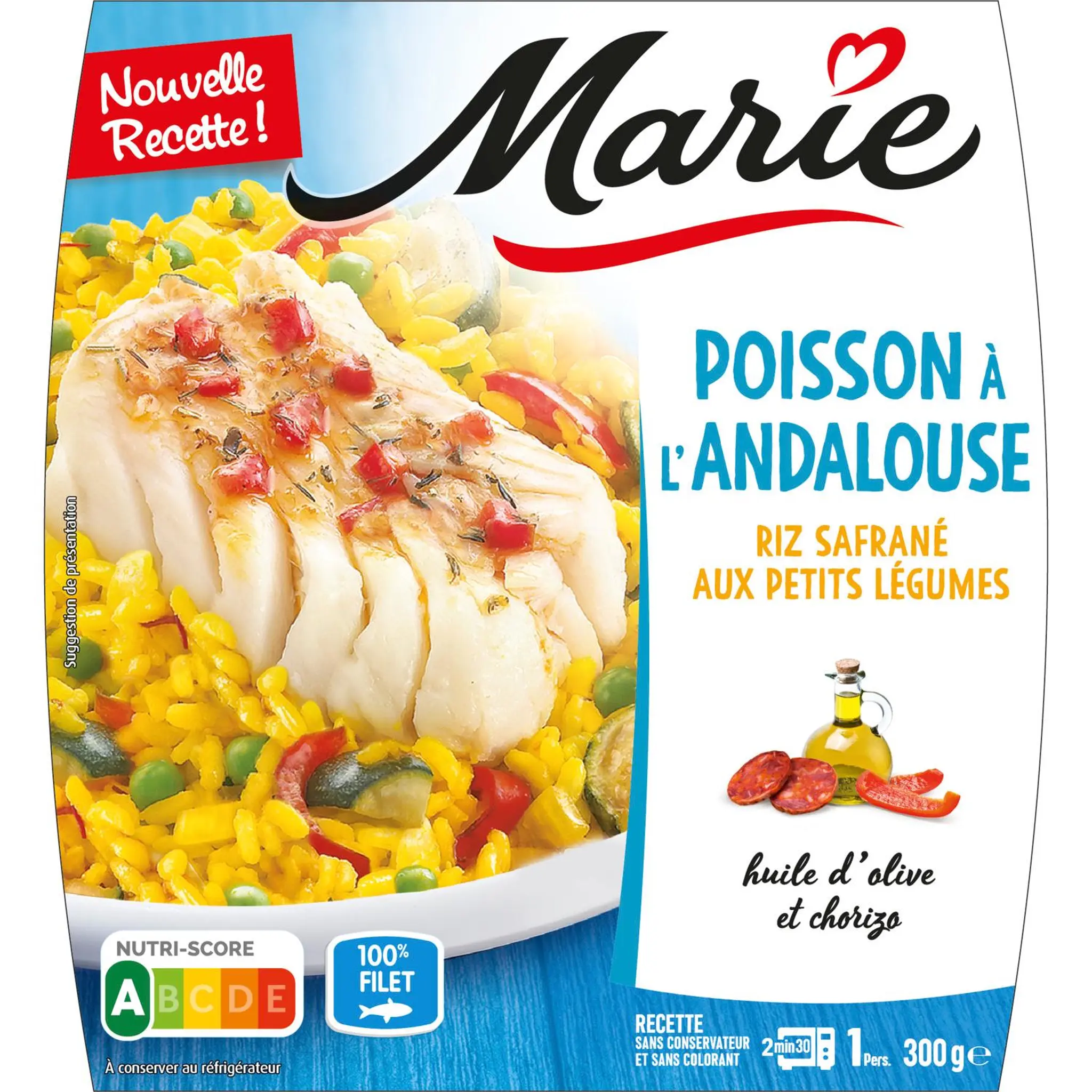MARIE Poisson à l'Andalouse et riz safrané aux petits légumes sans couverts