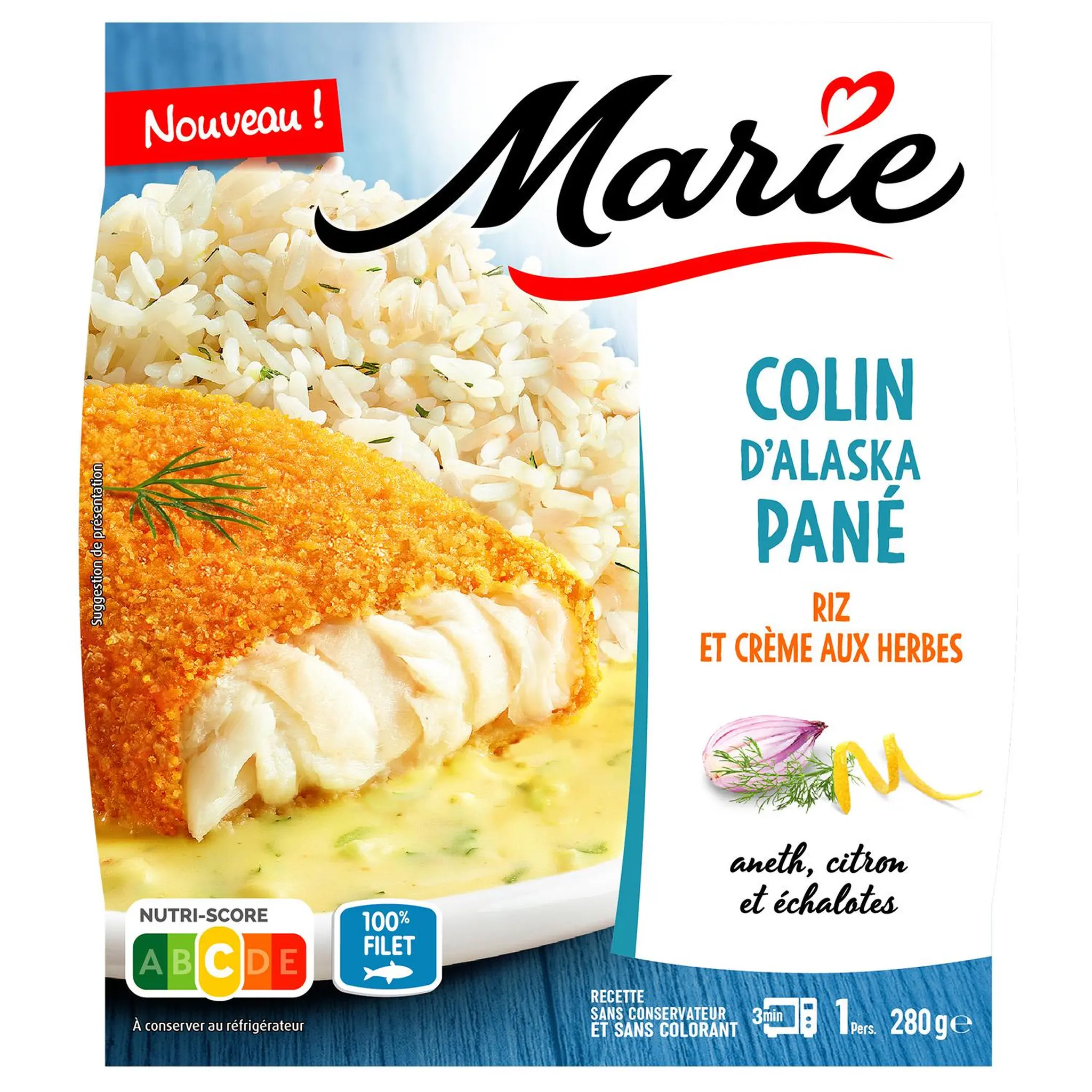 MARIE Colin d'alaska pané riz et crème aux herbes
