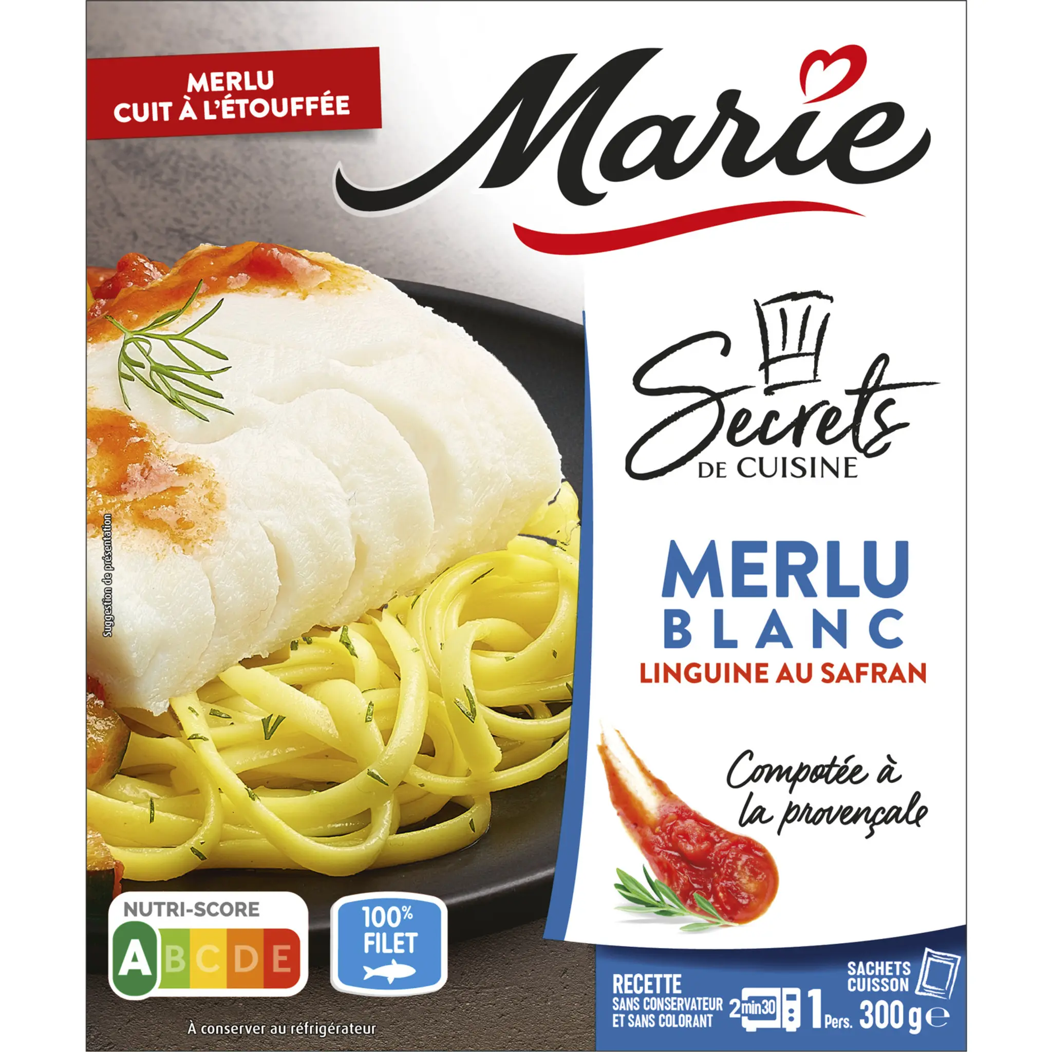 MARIE Merlu blanc linguine au safran et compotée à la provençale
