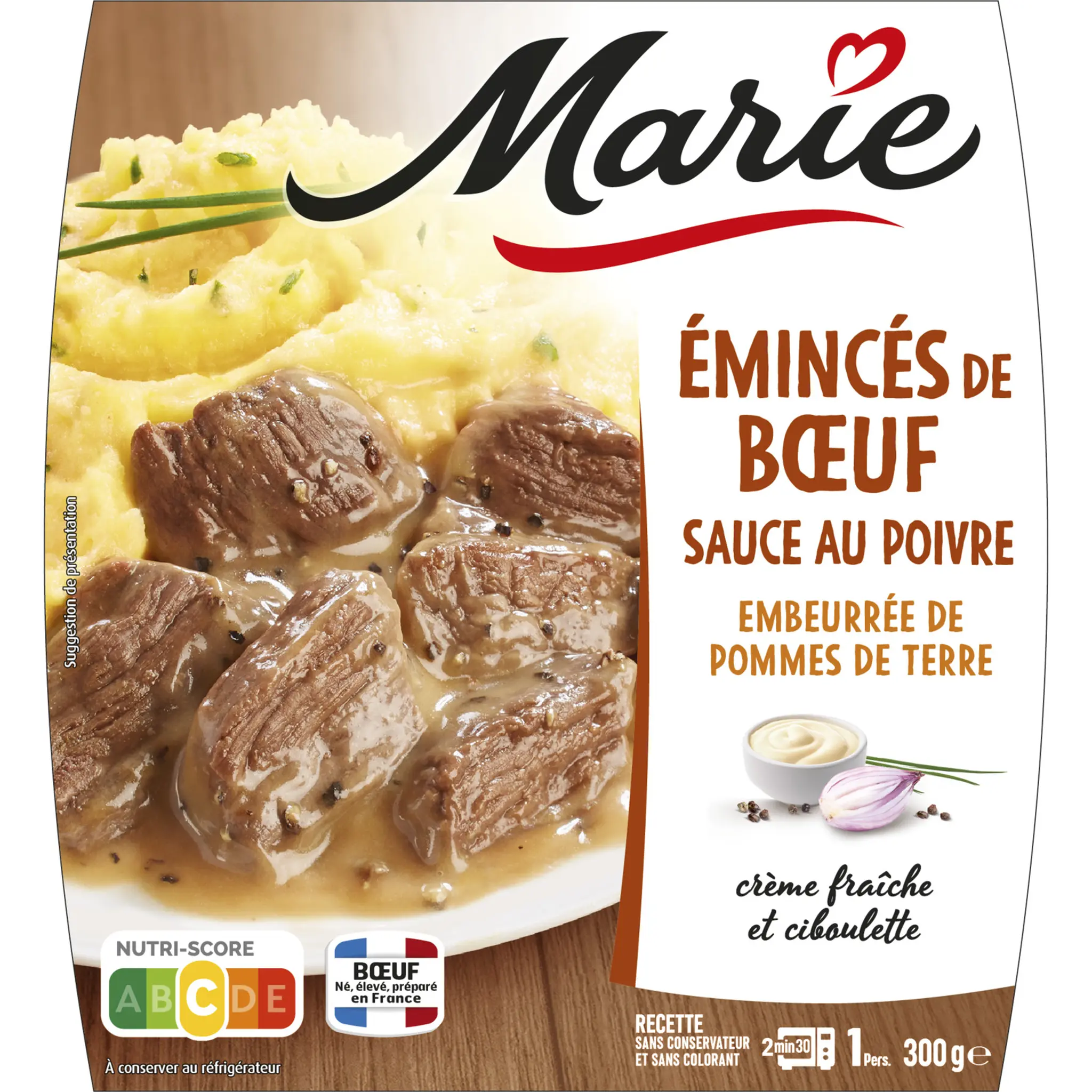 MARIE Emincés de boeuf sauce au poivre embeurrée de pomme de terre