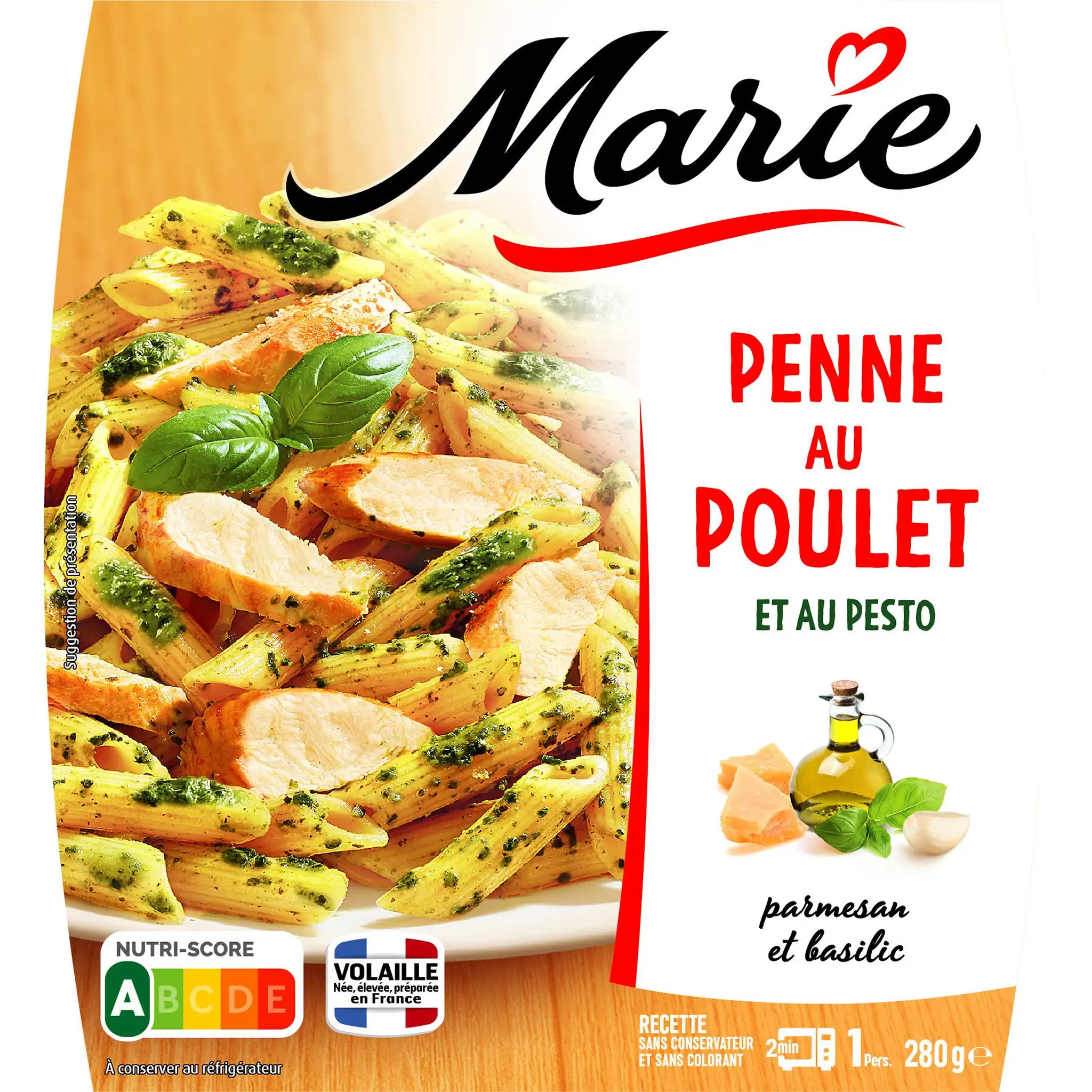 MARIE Penne au poulet sauce pesto sans couverts