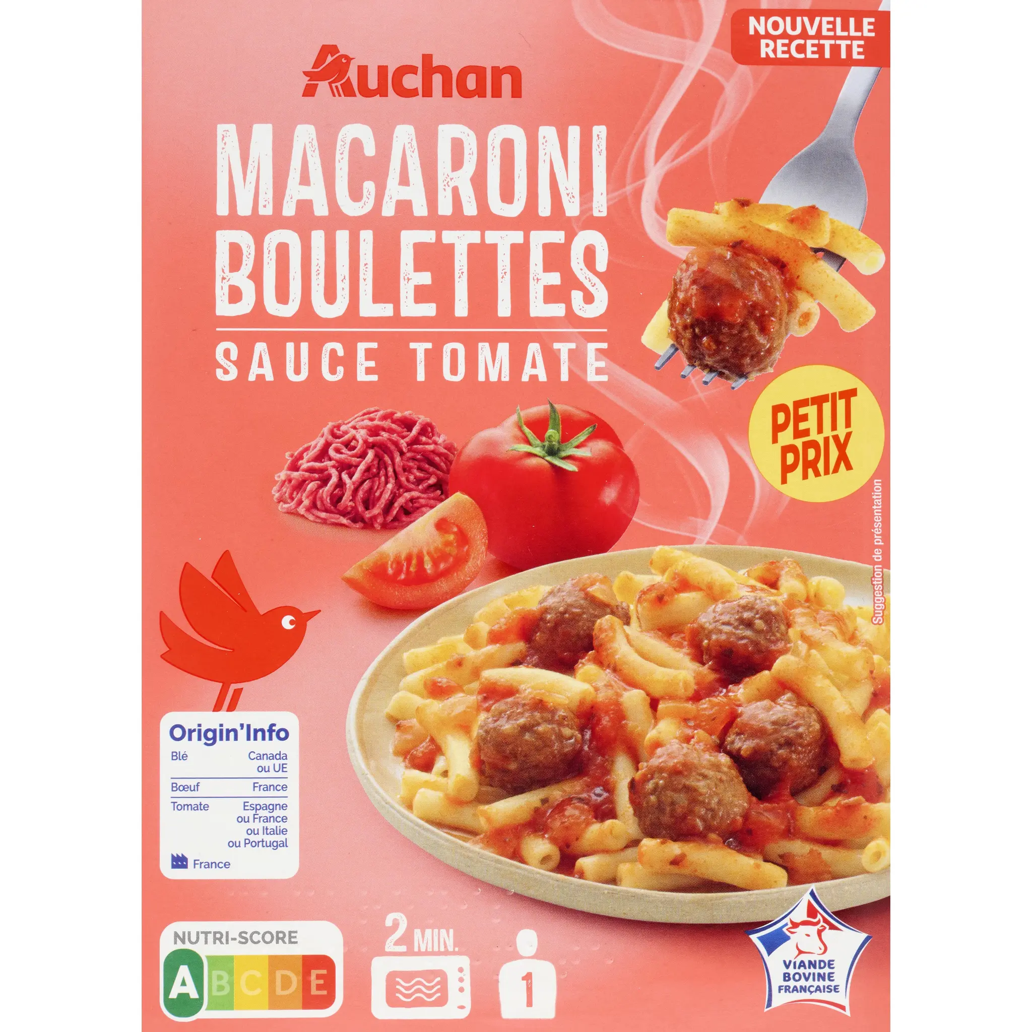 AUCHAN Macaroni boulettes de viandes sauce tomate