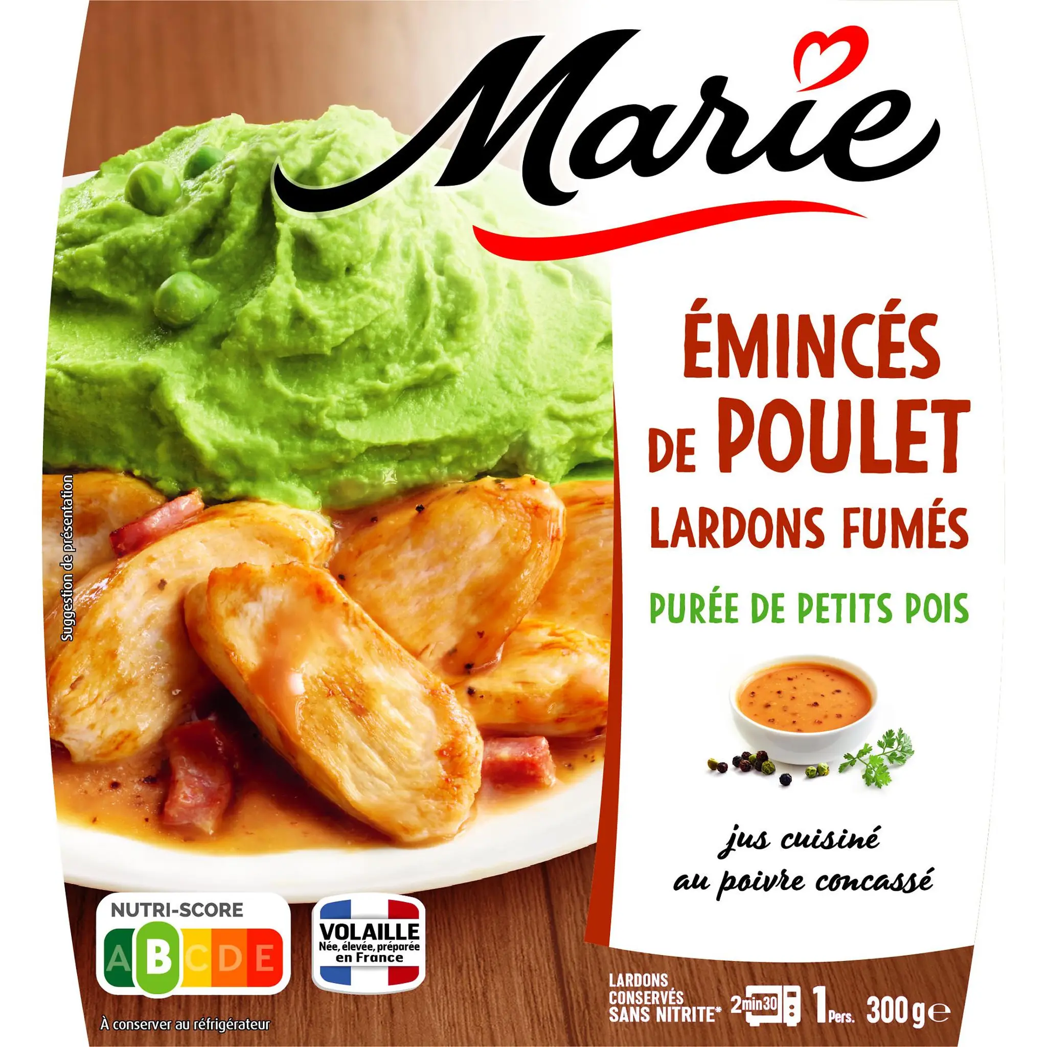MARIE Emincés de poulet lardons fumés et purée de petits pois