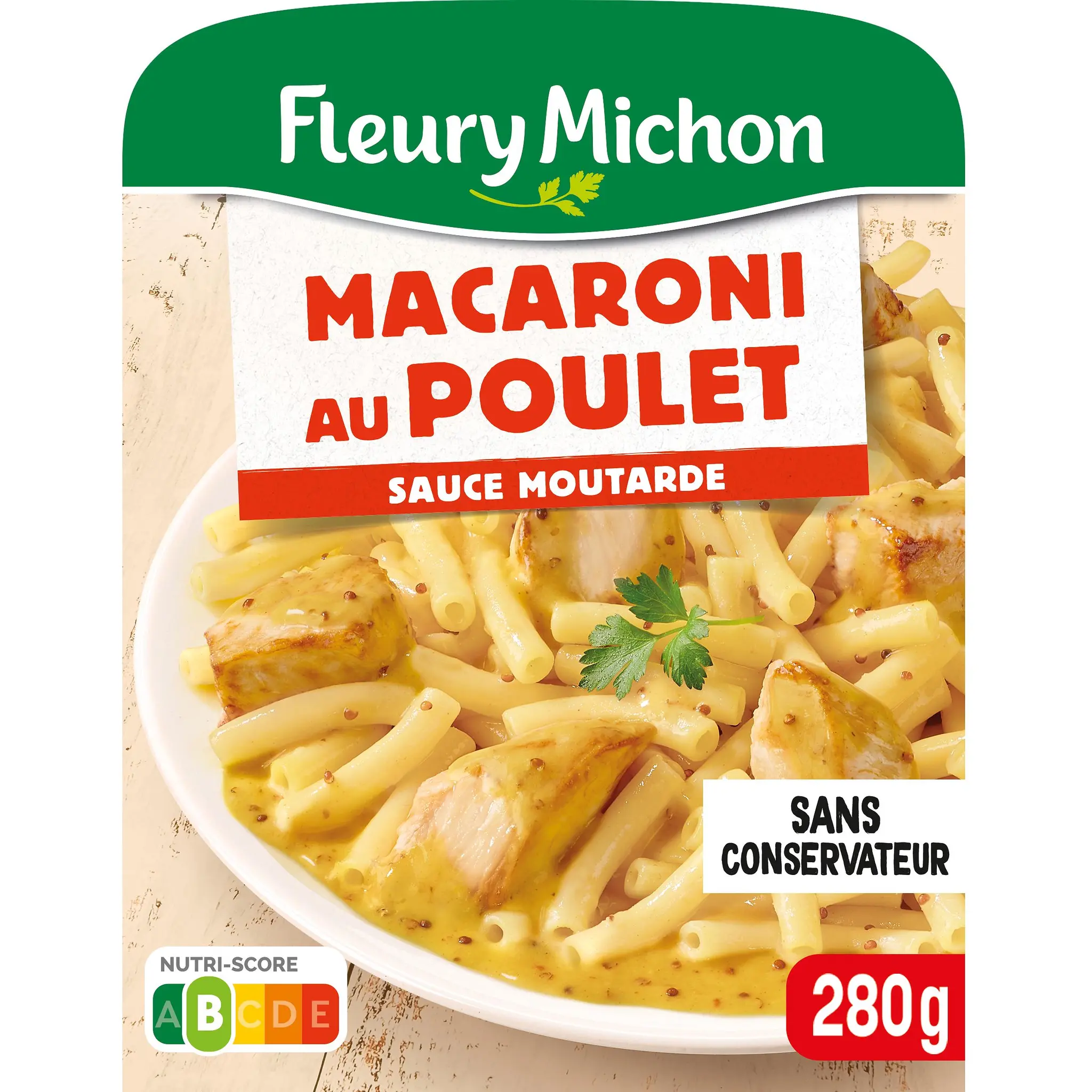 FLEURY MICHON Macaroni poulet traité en salaison sauce moutarde de dijon et moutarde à l'ancienne
