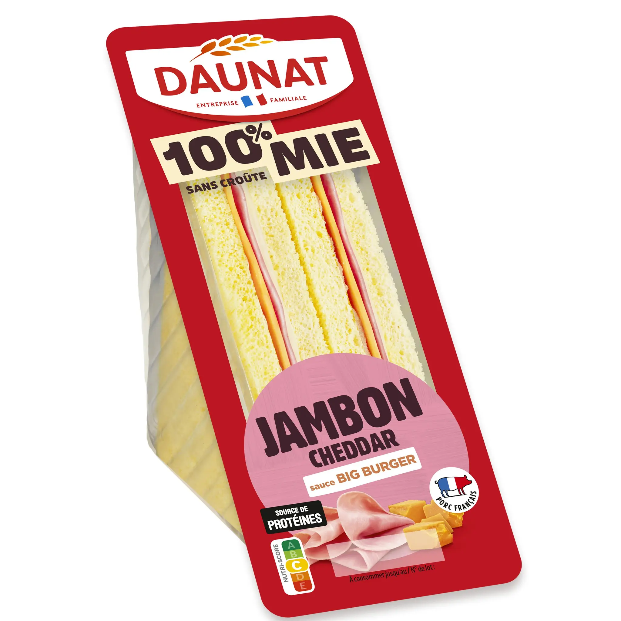 DAUNAT Sandwich jambon cheddar sauce burger sans croûte 100% mie