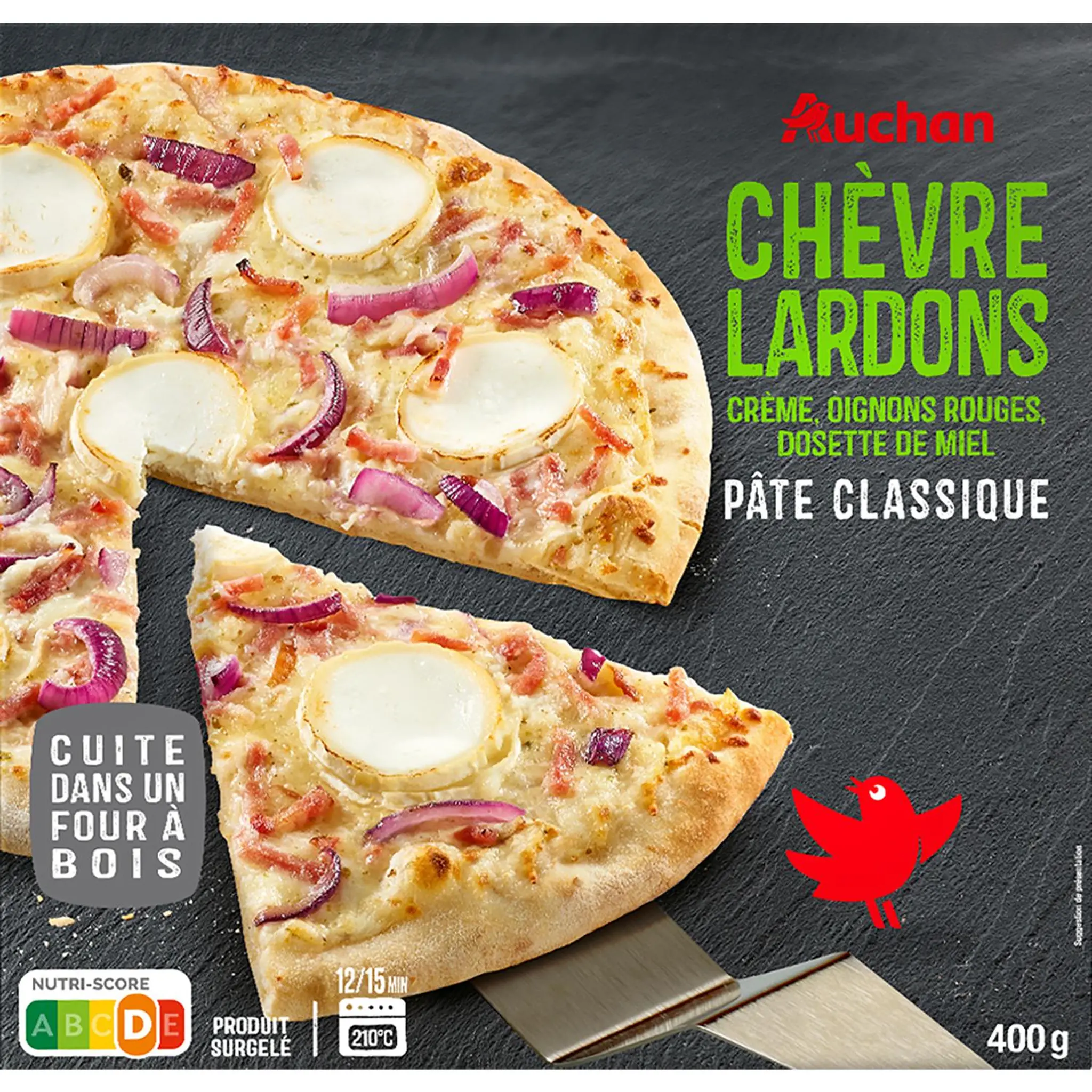 AUCHAN Pizza chèvre et lardons cuite au feu de bois