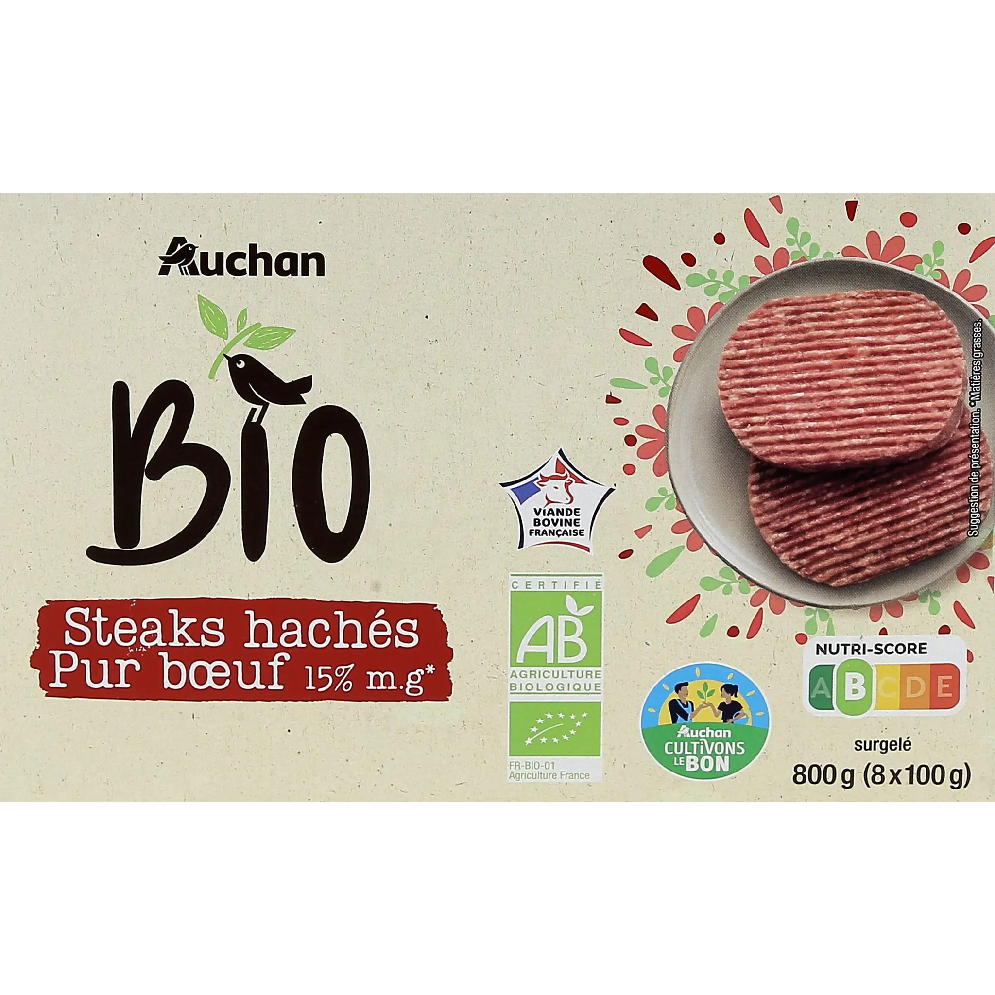 AUCHAN BIO CULTIVONS LE BON Steaks hachés pur bœuf 15% mg